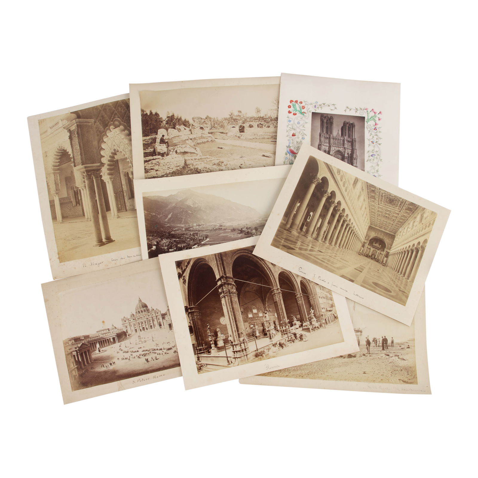 European Interest 1870s-1900s: European Interest 1870s-1900s A large collection of mixed albumen prints and early silver gelatin prints, image size 8 x 5.5cm (smallest) to 28 x 23cm (largest), most pasted down recto/verso to