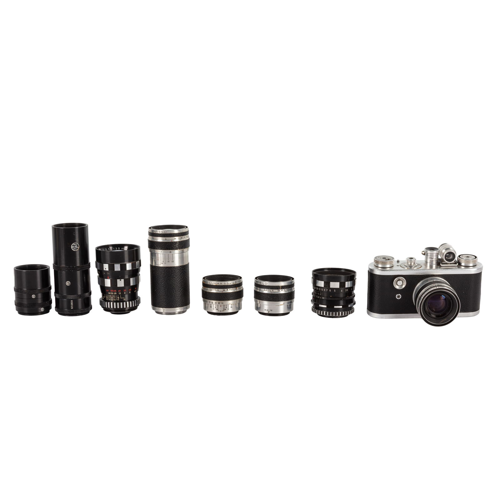 Corfield An extensive Periflex I Outfit: Corfield An extensive Periflex I Outfit Serial No: 515164 Body: G Shutter: working Lenses: Corfield Lumax 45mm f/1.9 (713110) Corfield Lumax 45mm f/3.5 (814178/816194) Corfield Lumax 50mm f/2.8