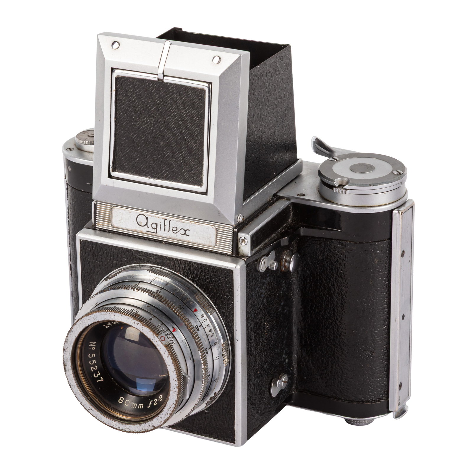 Agilux Agiflex III Medium Format SLR Camera: Agilux Agiflex III Medium Format SLR Camera Serial No: R6397 Body: G/VG Shutter: working Lens: Agilux 80mm f/2.8 Anastigmat (55237) Optics: G 