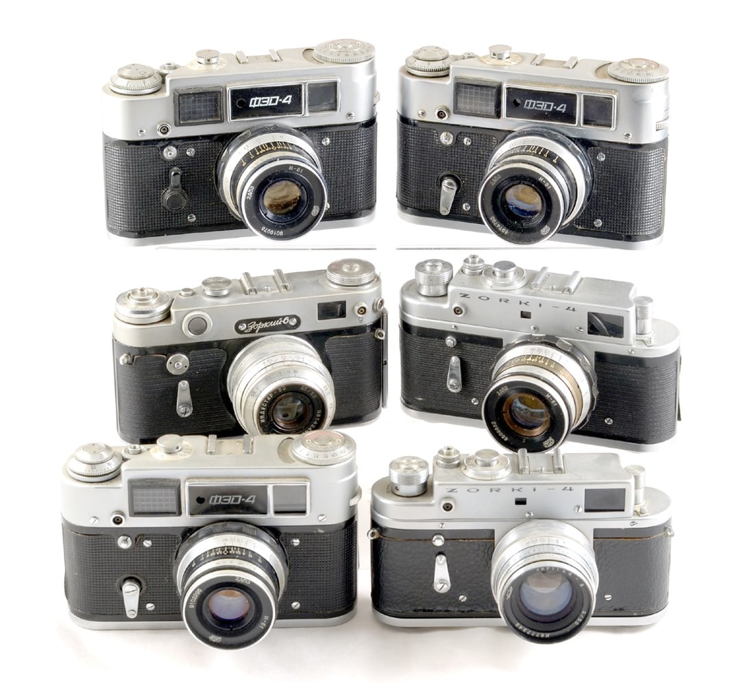 Group of SIX Russian Rangefinder Cameras. To include Zorki 6 with uncommon rear engraving. (1 of 4)