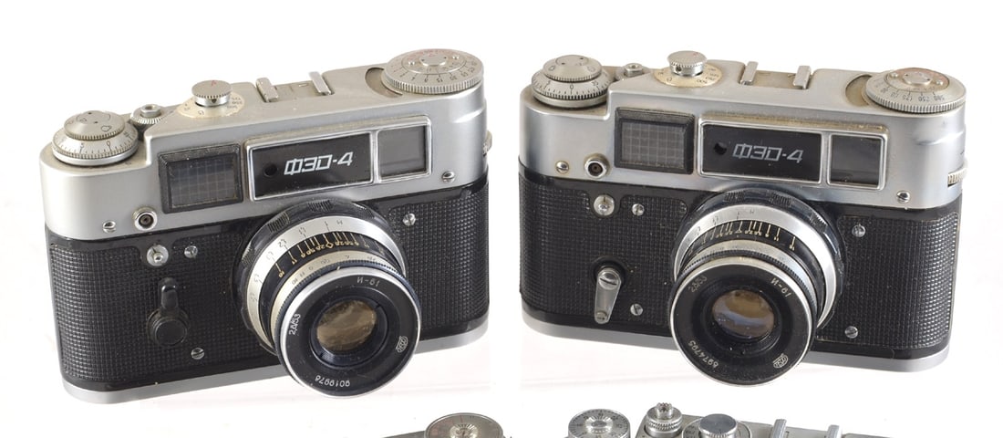 Group of SIX Russian Rangefinder Cameras. To include Zorki 6 with uncommon rear engraving. - 4