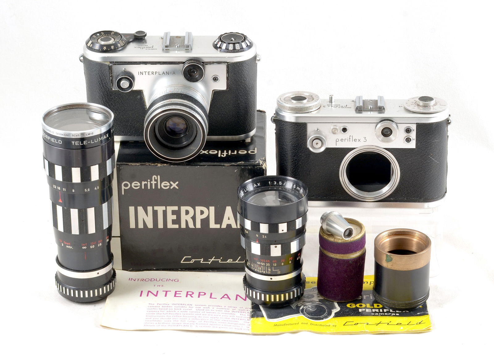 Corfield Interplan-A 3-Lens Camera Outfit. With additional Periflex 3 body.: Corfield Interplan-A 3-Lens Camera Outfit. With additional Periflex 3 body. Comprising a Corfield Interplan-A 3 (signs of normal use, shutter firing) with a Corfield 45mm f3.5 Lumax lens (signs of