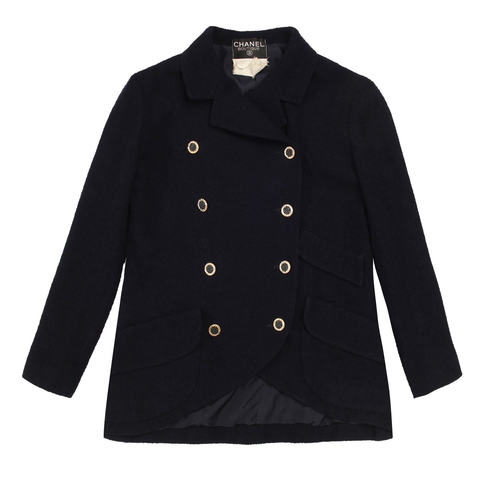 Chanel Midnight Blue Wool Boucle Pea Coat - Size 44: Chanel Midnight Blue Wool Boucle Pea Coat - Size 44 double breasted, enamel and gold tone buttons, labelled size 44, 1990s 55cm chest, 62cm long Grade C Please log in to Chiswick Live account to