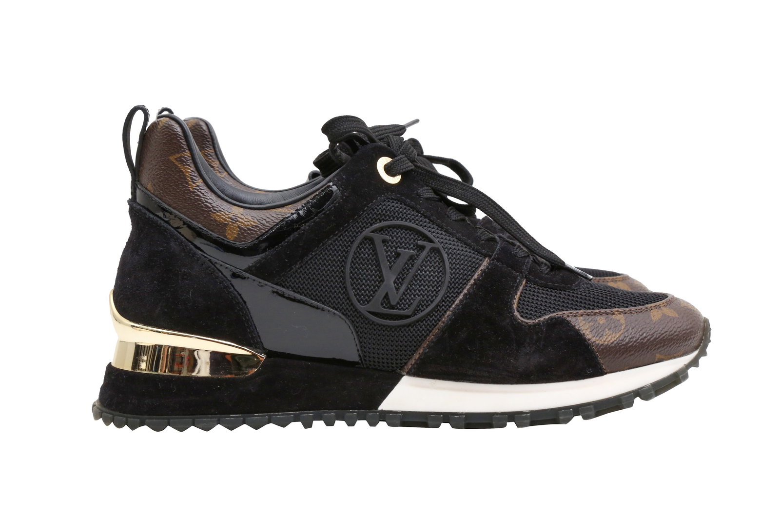 Louis Vuitton Monogram Run Away Trainer - Size 35.5: Louis Vuitton Monogram Run Away Trainer - Size 35.5 coated canvas, black suede and patent leather trim, gold tone hardware, labelled size 35.5 (UK 2.5) Heel height 4cm Includes dustbags Grade