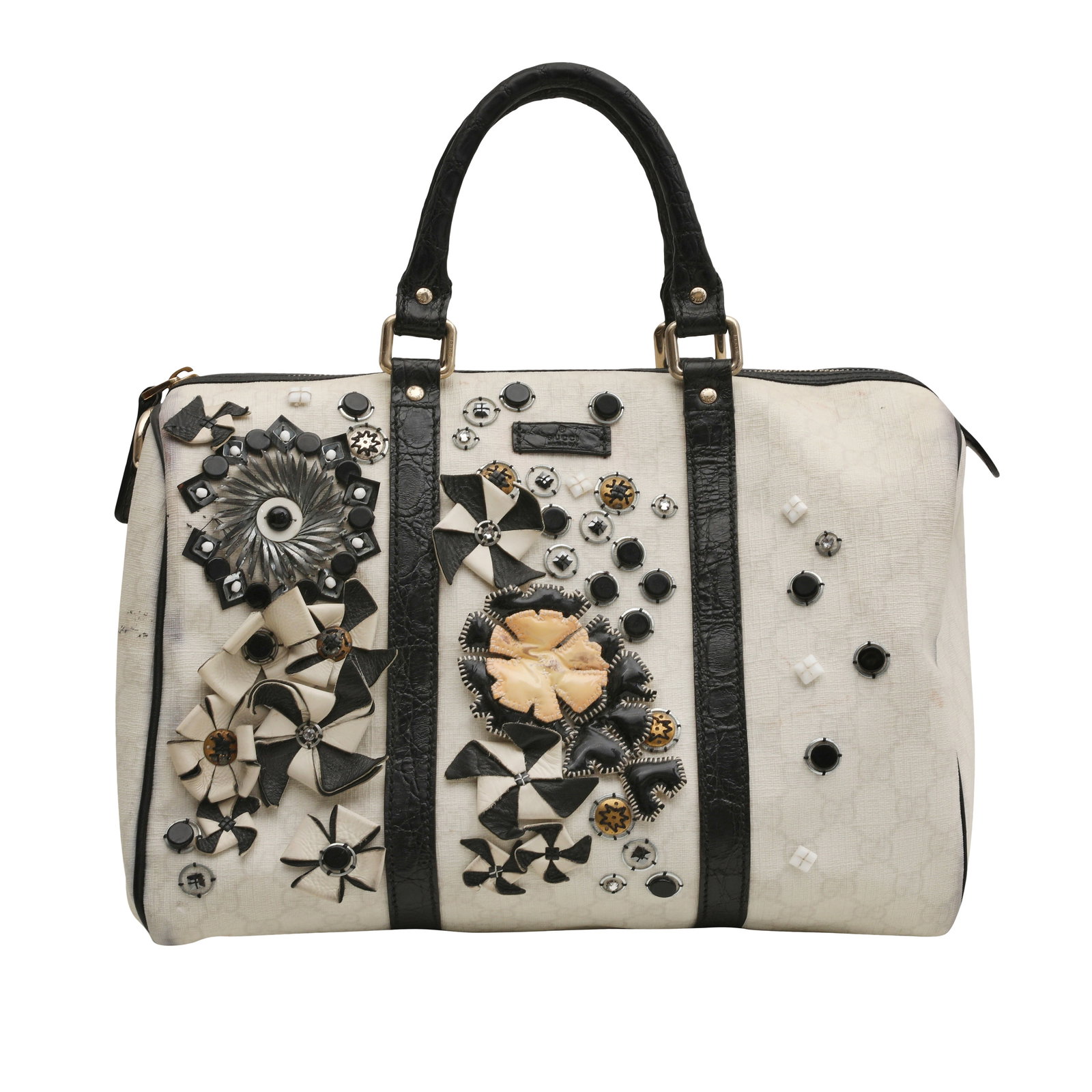 Gucci White GG Floral Applique Joy Boston Bag: Gucci White GG Floral Applique Joy Boston Bag coated canvas, black crocodile embossed leather trim and handles, silver and gold tone hardware 31 w x 24 h x 17 w cm Serial code (197395