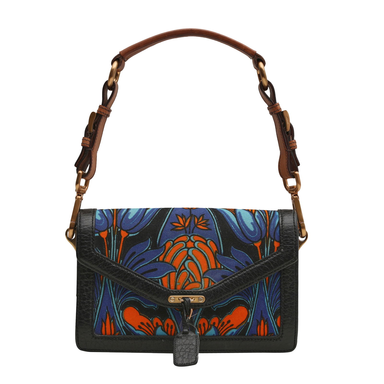 Prada Blue Canapa Tulipano Shoulder Bag: Prada Blue Canapa Tulipano Shoulder Bag abstract canvas fabric, black leather trim, brown strap, matte gold tone hardware 24 w x 15 h x 3 d cm Includes detachable strap and dustbag Grade