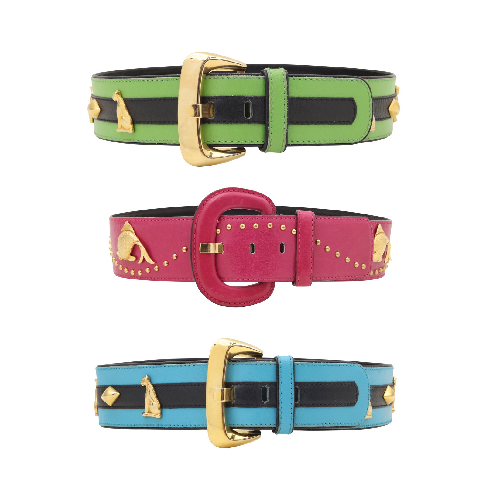 Escada Belts Set of Three - Size 36 & 38: Escada Belts Set of Three - Size 36 & 38 blue and navy, green and black and pink, applique design, gold tone hardware, labelled size 36 & 38 (Qty 3) 5cm wide Grade B+ Please log in to