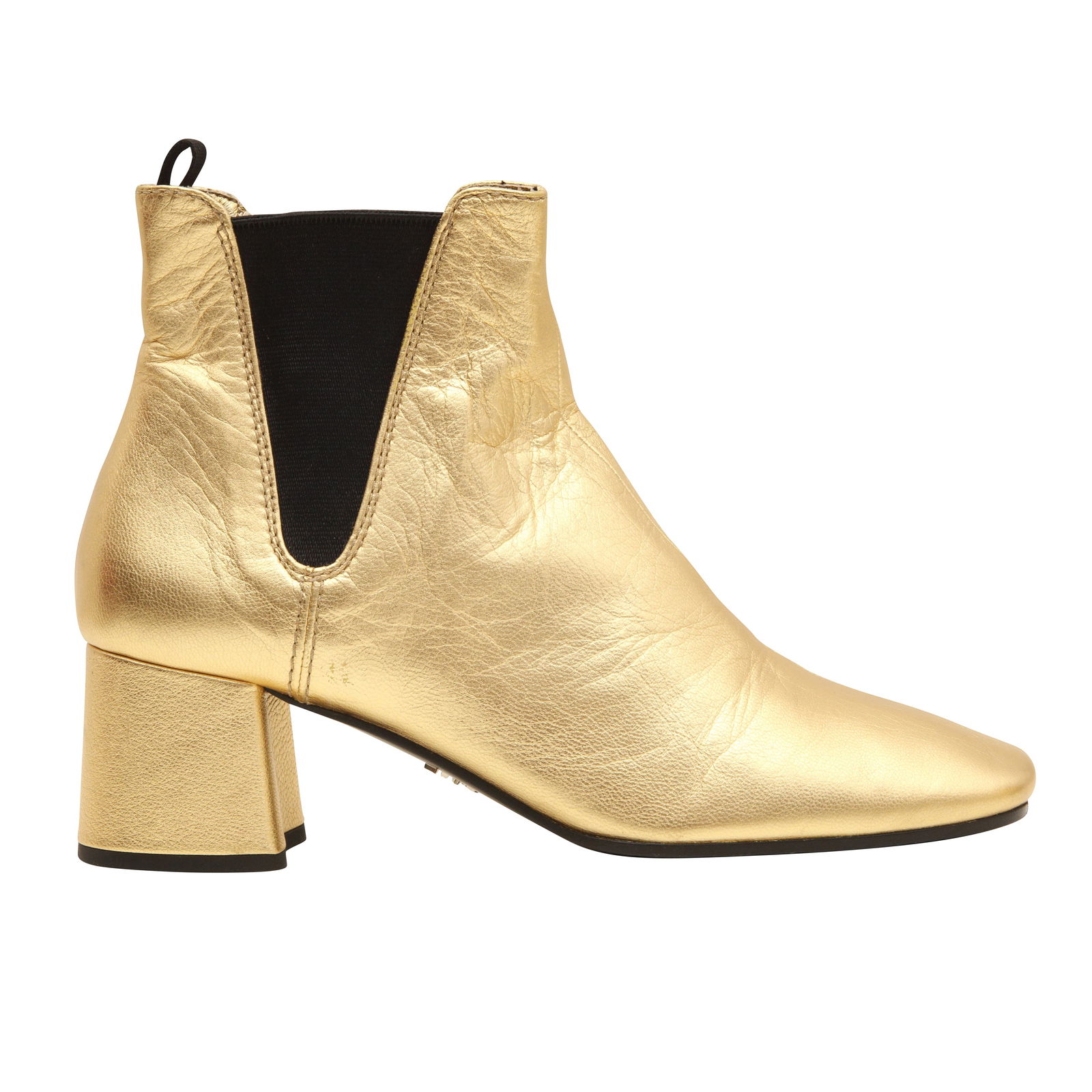 Prada Metallic Gold Block Heel Ankle Boot - Size 37: Prada Metallic Gold Block Heel Ankle Boot - Size 37 calf leather, black stretch side panel, labelled size 37 (UK 4) Heel height 5cm Grade B+ Please log in to Chiswick Live account to view condition r