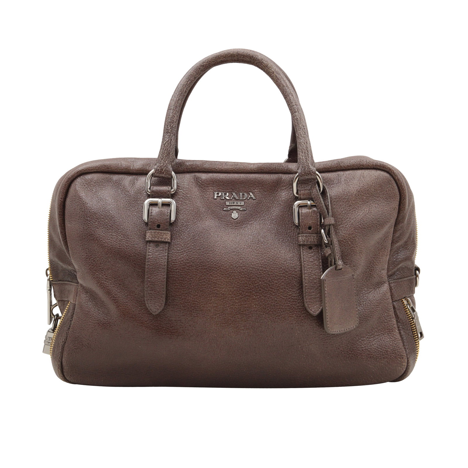 Prada Metallic Brown Vernice Two Way Tote: Prada Metallic Brown Vernice Two Way Tote grained leather, silver and gold tone hardware 34 w x 25 h x 15 d cm Serial code (BL0517) Includes authenticity card and luggage tag Grade B- Please