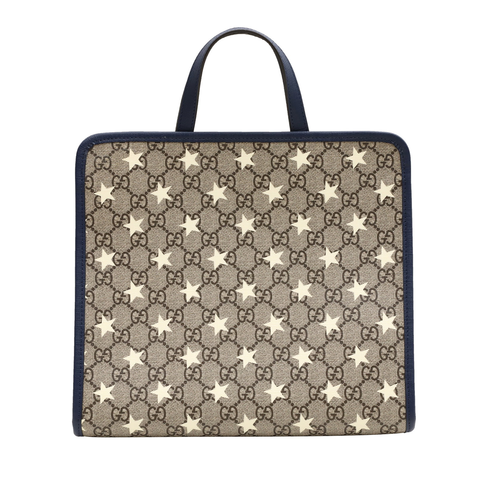 Gucci Junior Beige Supreme GG Star Tote: Gucci Junior Beige Supreme GG Star Tote coated canvas, blue leather trim and handles 28 w x 25 h x 10 d cm Serial code (605614 493492) Grade A+ Please log in to Chiswick Live account to view conditio
