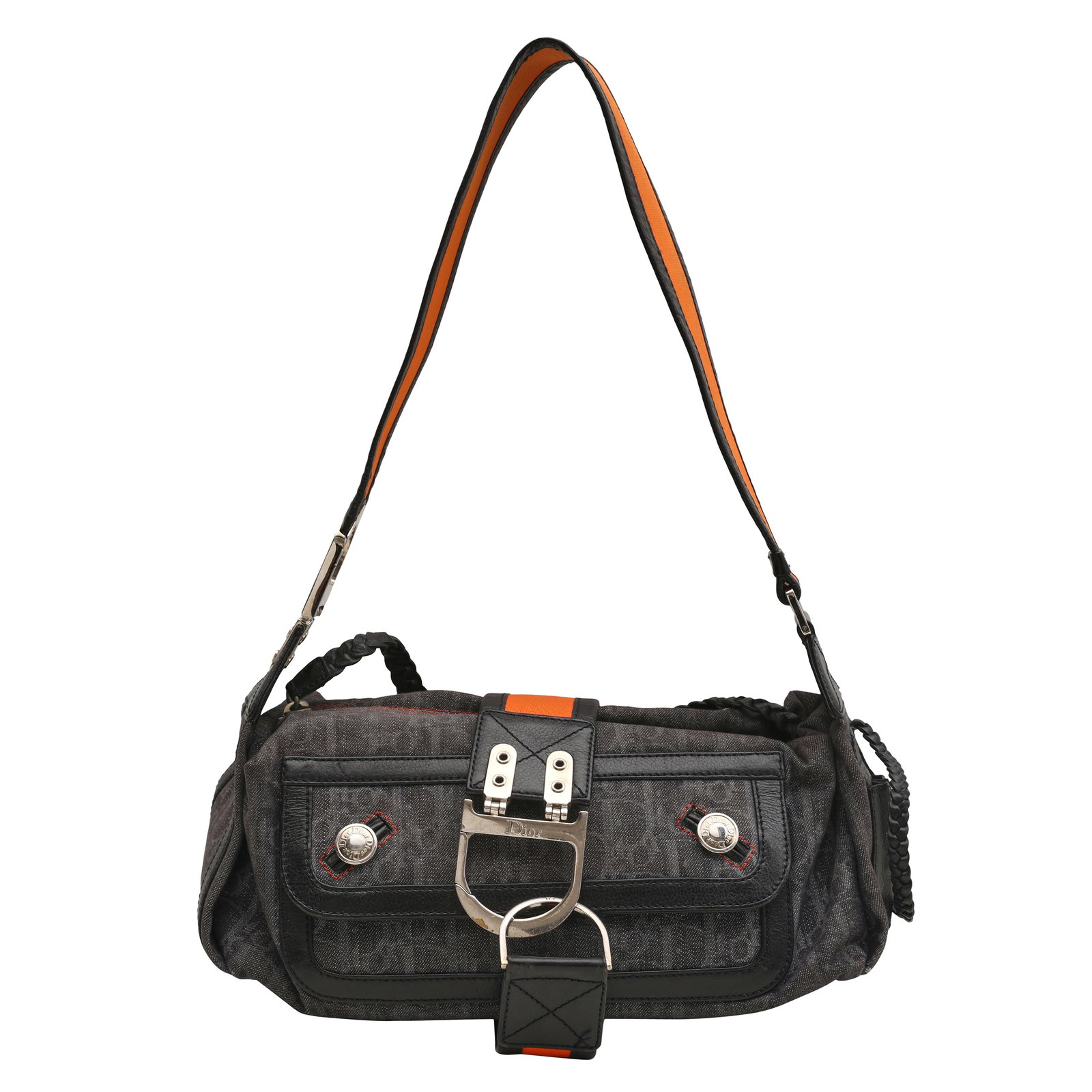 Christian Dior Black Flight Shoulder Bag: Christian Dior Black Flight Shoulder Bag John Galliano for Dior, monogram jacquard denim, black leather trim, orange canvas strap, silver tone hardware 27 w x 12 h x 13 d cm Date code
