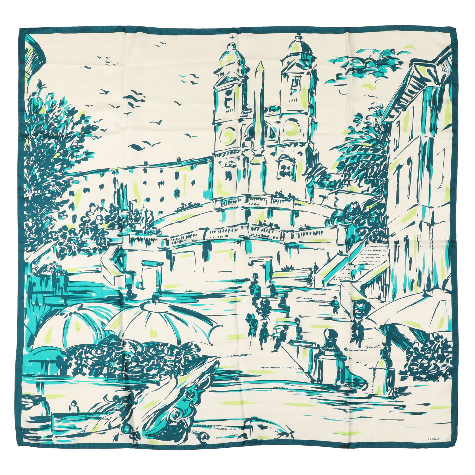 Prada 'Plazza Navona Rome' Silk Scarf: Prada 'Plazza Navona Rome' Silk Scarf green, teal and ivory 88 x 88 cm Grade A Please log in to Chiswick Live account to view condition report