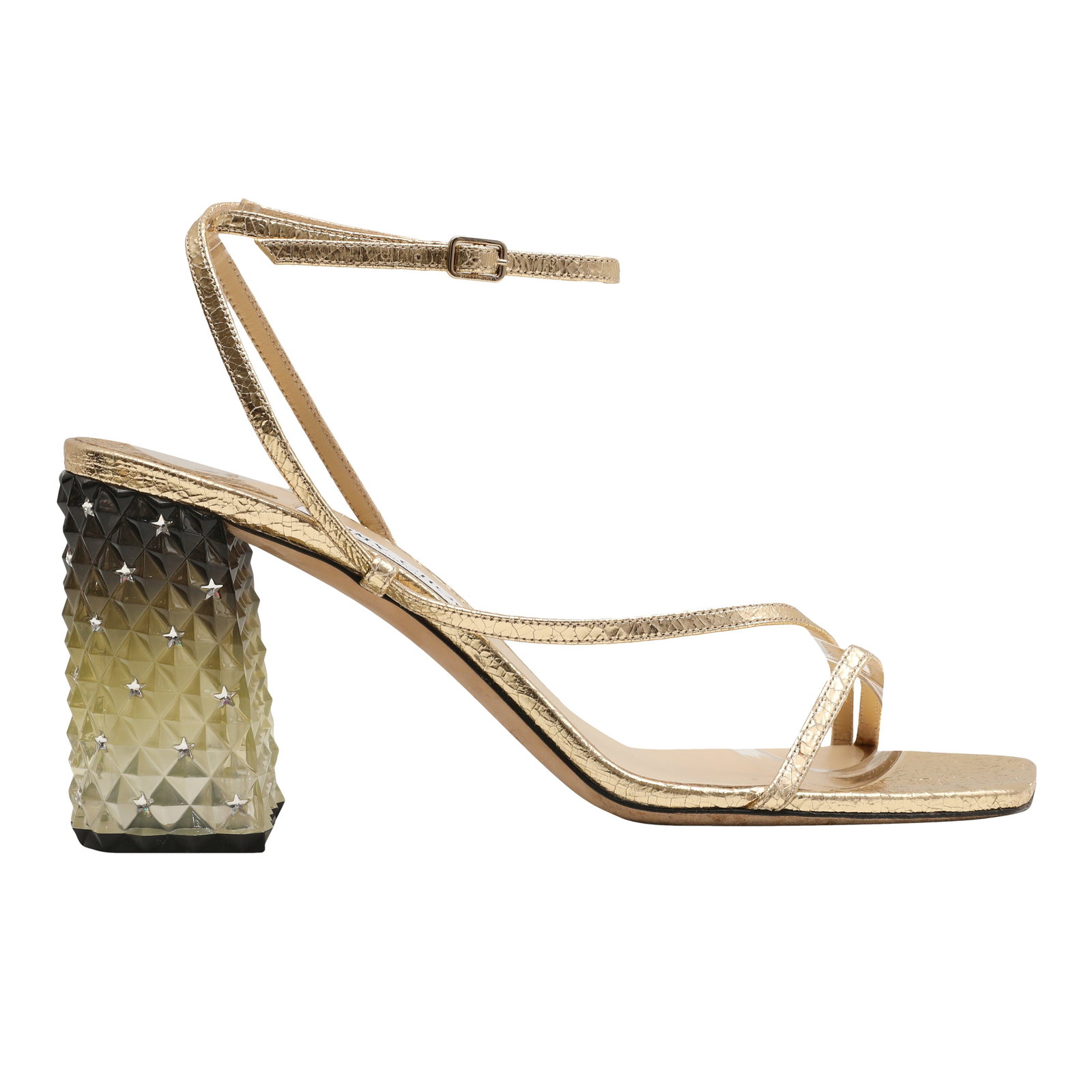 Jimmy Choo Gold Art 85 Heel Sandal - Size 41: Jimmy Choo Gold Art 85 Heel Sandal - Size 41 calf leather, ombre plexi heel, star crystal, gold tone hardware, labelled size 41 (UK 8) Heel height 9cm Grade B+ Please log in to Chiswick Live