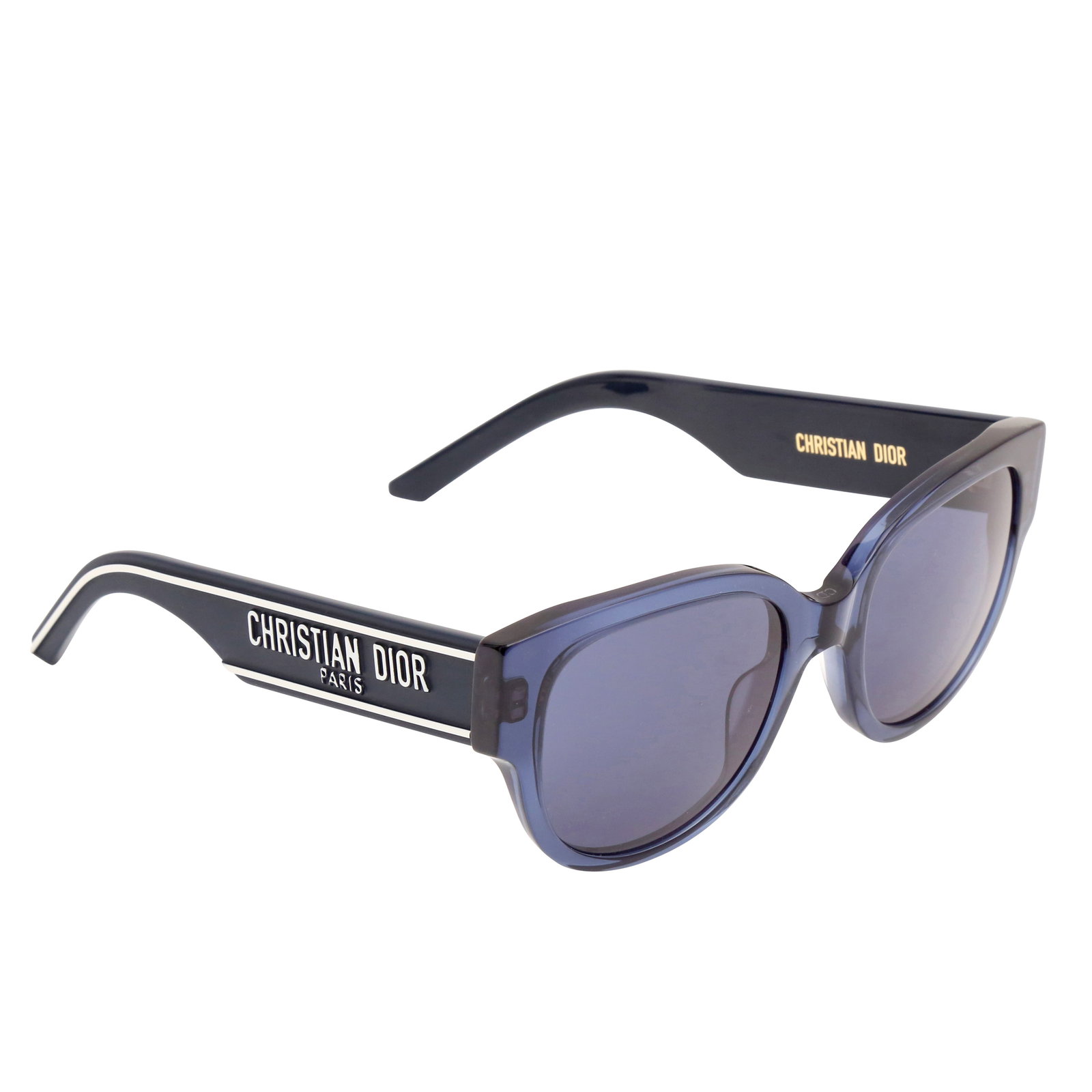 Christian Dior Navy Wildior Round Sunglasses: Christian Dior Navy Wildior Round Sunglasses acetate frame, blue lenses, gold tone hardware Serial code (BU30B0) Includes softcase and box Grade B+ Please log in to Chiswick Live account to view