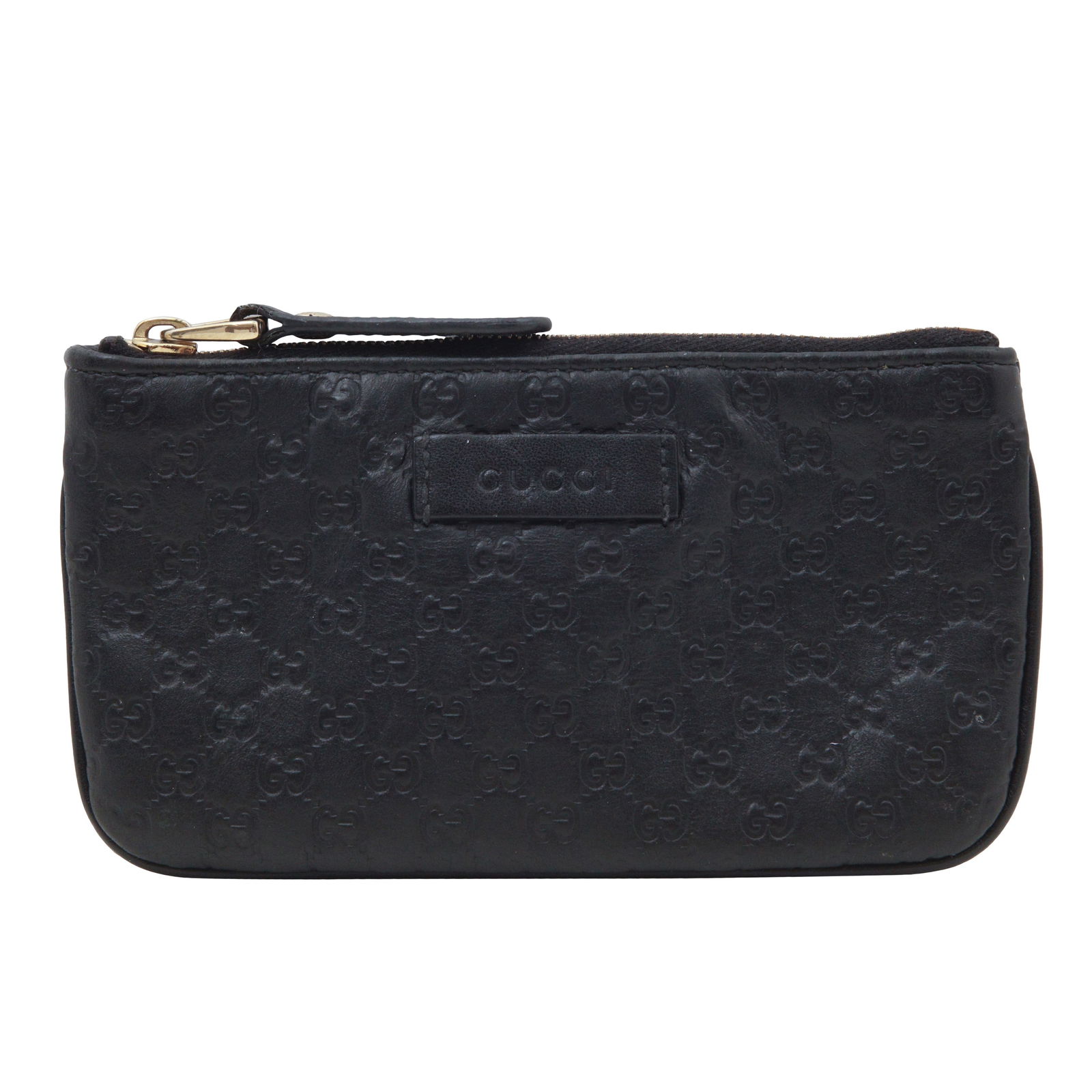 Gucci Black Microguccisima Key Pouch: Gucci Black Microguccisima Key Pouch GG embossed leather, gold tone hardware 14 w x 8 h x 1 d cm Serial code (544248 208887) Grade B+ Please log in to Chiswick Live account to view condition