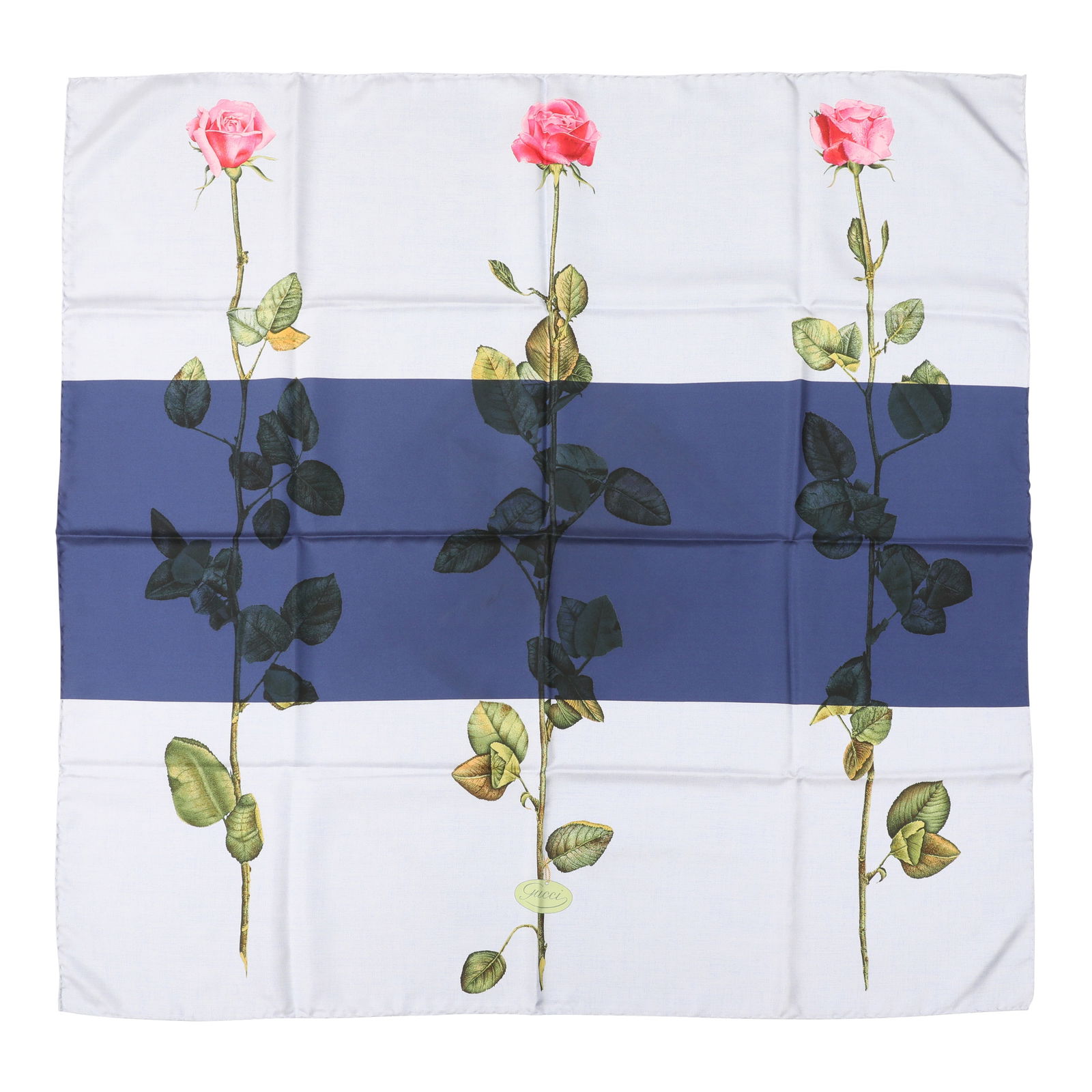 Gucci Flora Rose Silk Scarf: Gucci Flora Rose Silk Scarf rose stem design, navy, blue marl and pink 86 x 86 cm Grade A Please log in to Chiswick Live account to view condition report