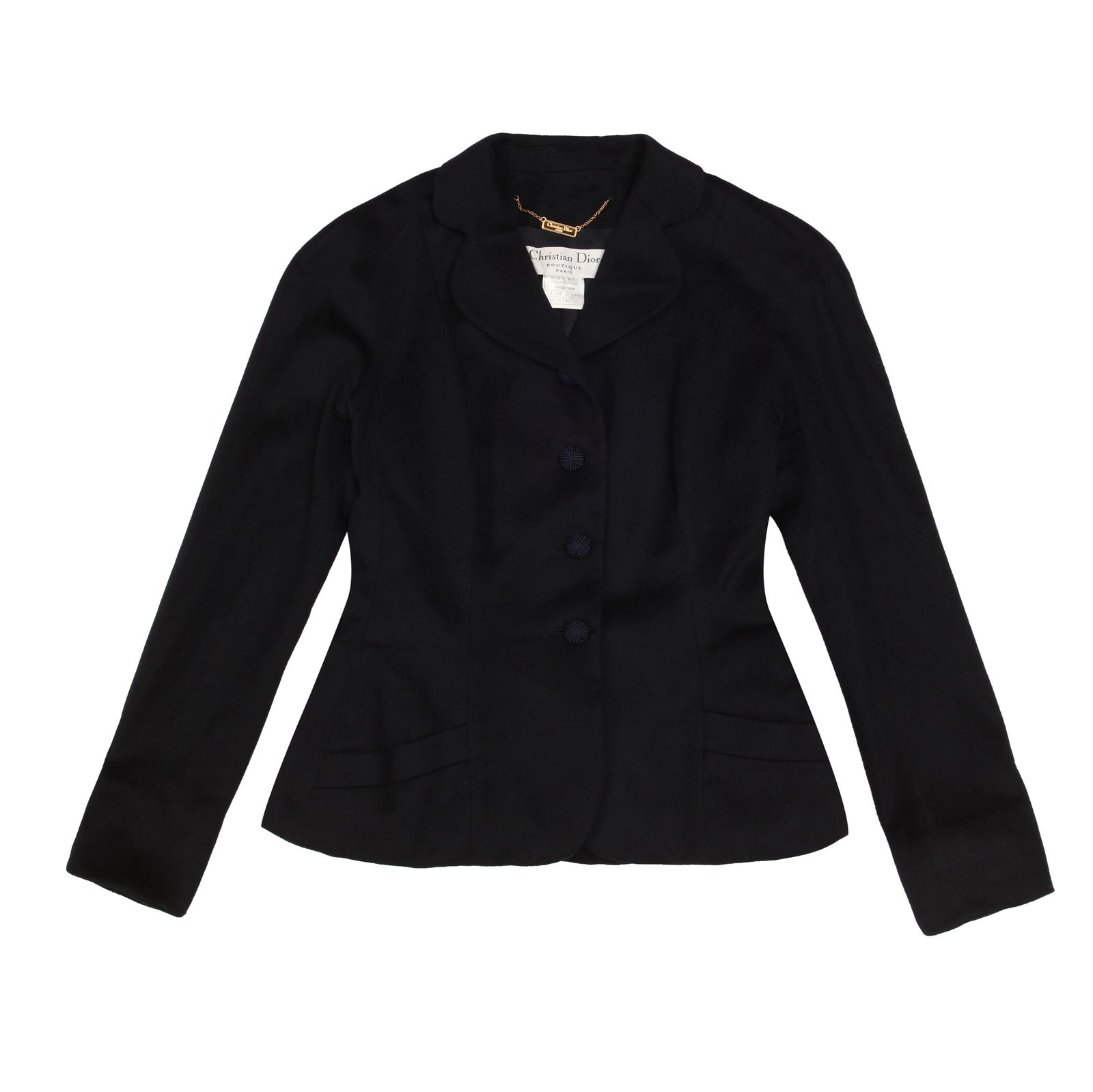 Christian Dior Black Wool Classic Blazer - Size 14: Christian Dior Black Wool Classic Blazer - Size 14 thread wrapped navy buttons, labelled size UK 14, 1990s 46cm chest, 62cm long Grade B+ Please log in to Chiswick Live account to view condition