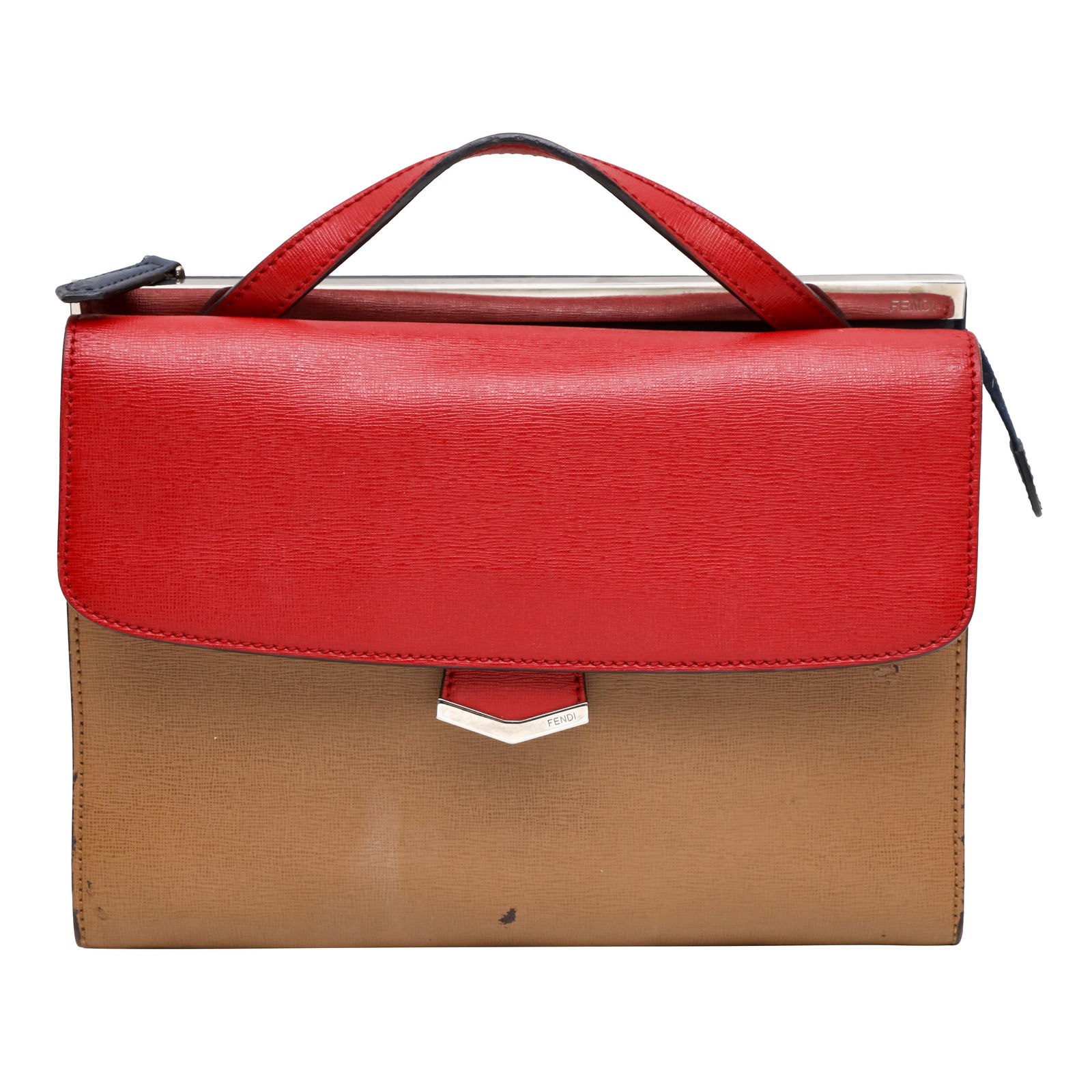 Fendi Tri Colour Demi Jour Top Handle Bag: Fendi Tri Colour Demi Jour Top Handle Bag red, aqua and brown textured leather, silver tone hardware 25 w x 19 h x 5.5 d cm Serial code (8BT2222-Z25-158-3355) Includes detachable strap Grade
