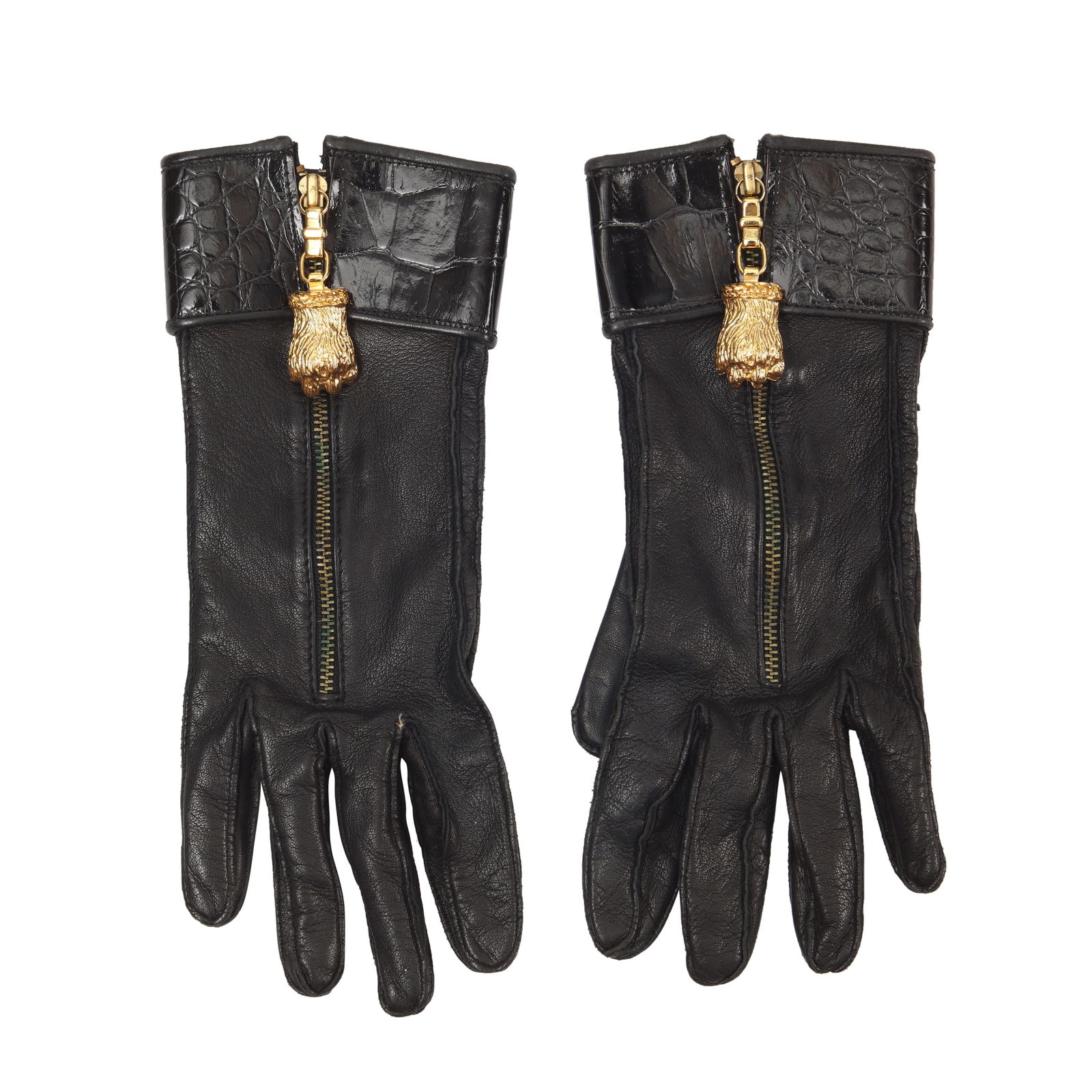 Gianfranco Ferre Black Charm Gloves - Size M: Gianfranco Ferre Black Charm Gloves - Size M lamb leather, patent trim, gold tone hardware, labelled size medium Grade B- Please log in to Chiswick Live account to view condition report