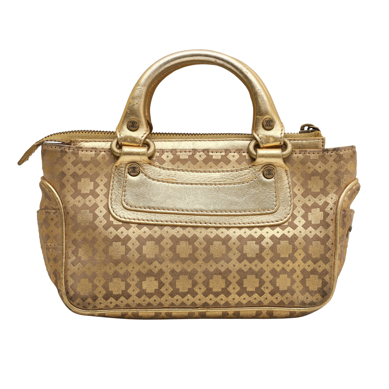 Celine Gold Aztec Mini Boogie Bag: Celine Gold Aztec Mini Boogie Bag calf suede, leather trim and handles, antique gold tone hardware 18 w x 12 h x 7 d cm Serial code (CE00/32) Grade B- Please log in to Chiswick Live account to