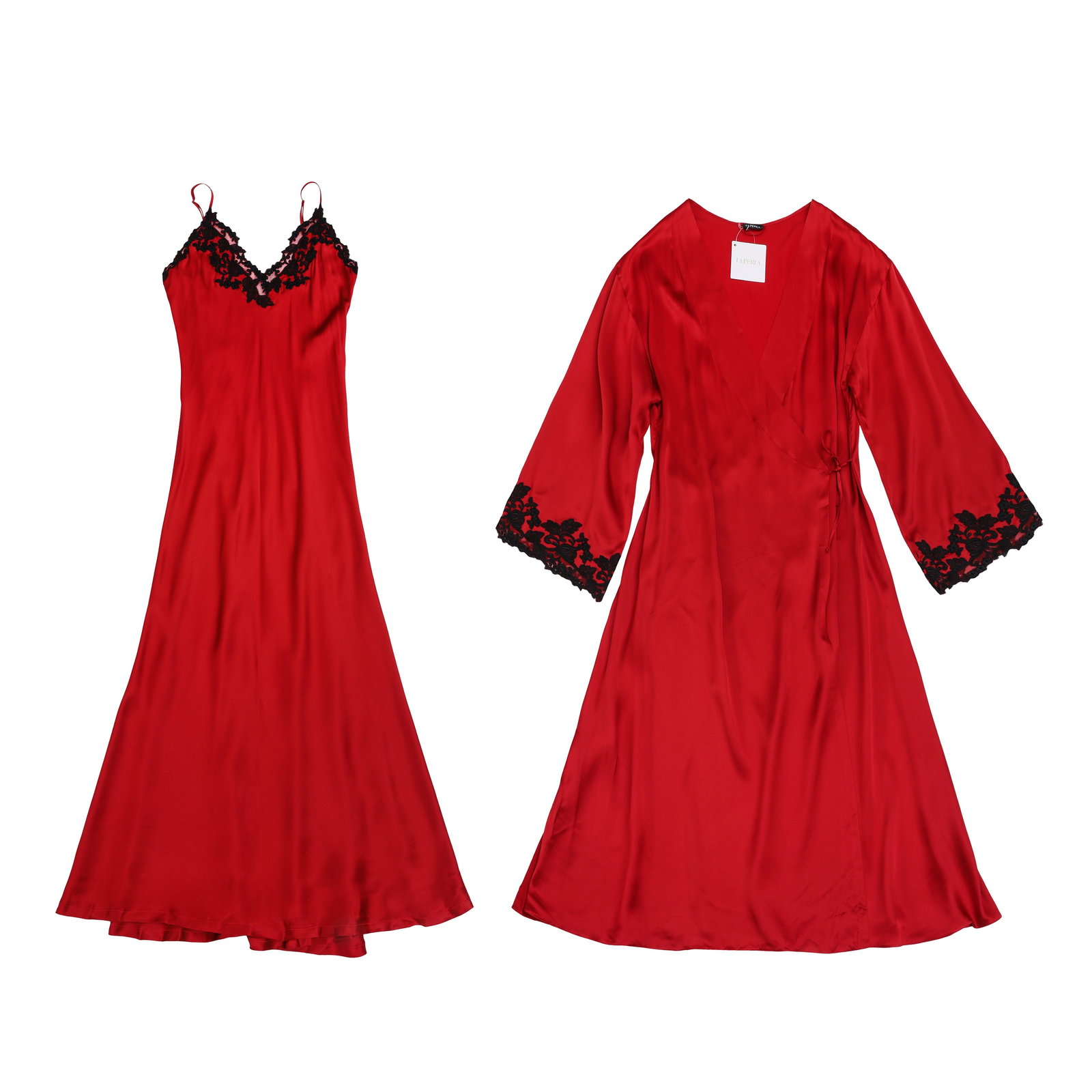La Perla Red Silk Nightgown and Robe Set - Size 42 & 38: La Perla Red Silk Nightgown and Robe Set - Size 42 & 38 satin silk, black lace trim, nightgown labelled size 42, robe labelled size 38 (Qty 2) Nightgown 47cm chest, 128cm long Robe 48cm chest, 120cm