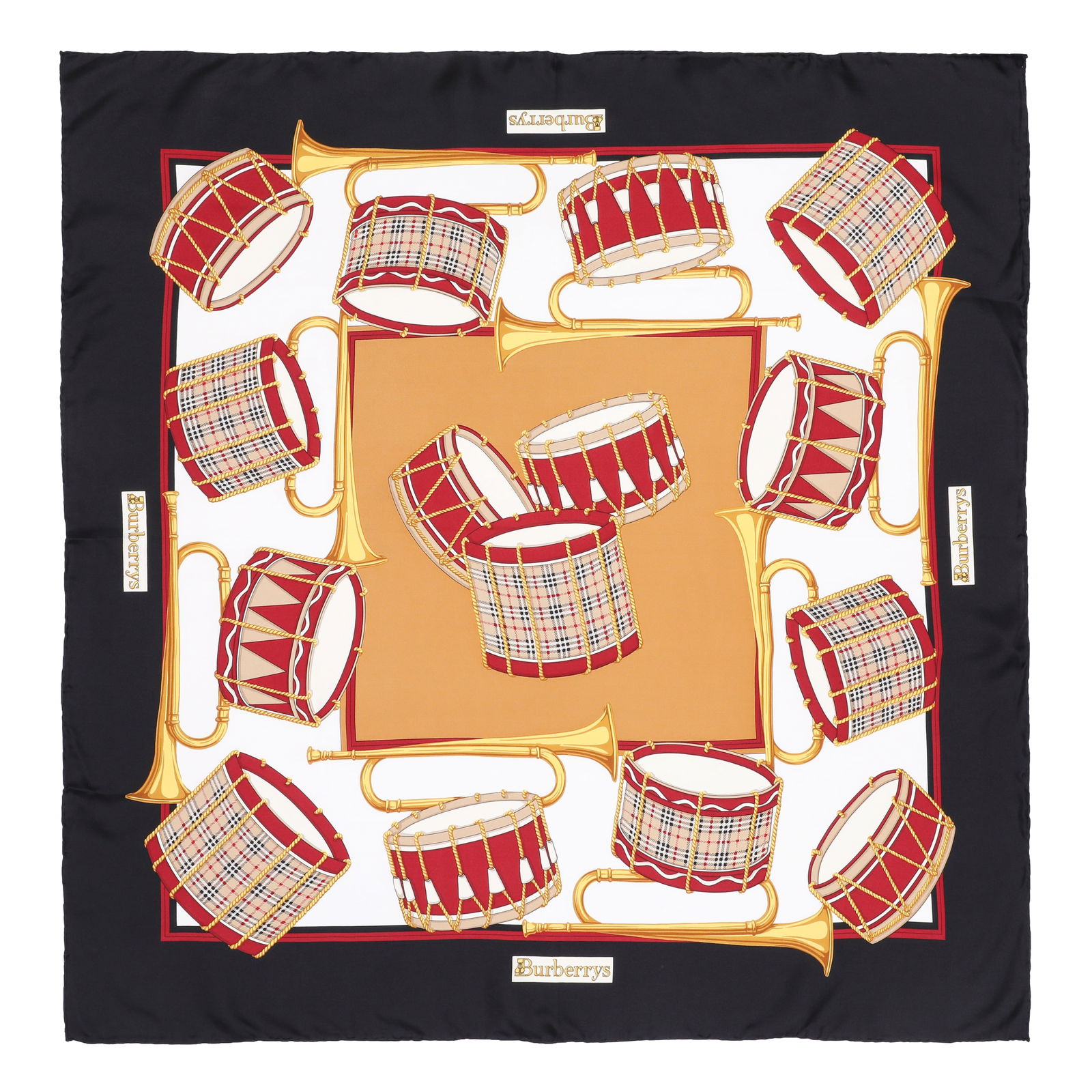 Burberry Heritage Check Drum Silk Scarf: Burberry Heritage Check Drum Silk Scarf gold, burgundy, ivory and black 85 x 85 cm Grade A Please log in to Chiswick Live account to view condition report