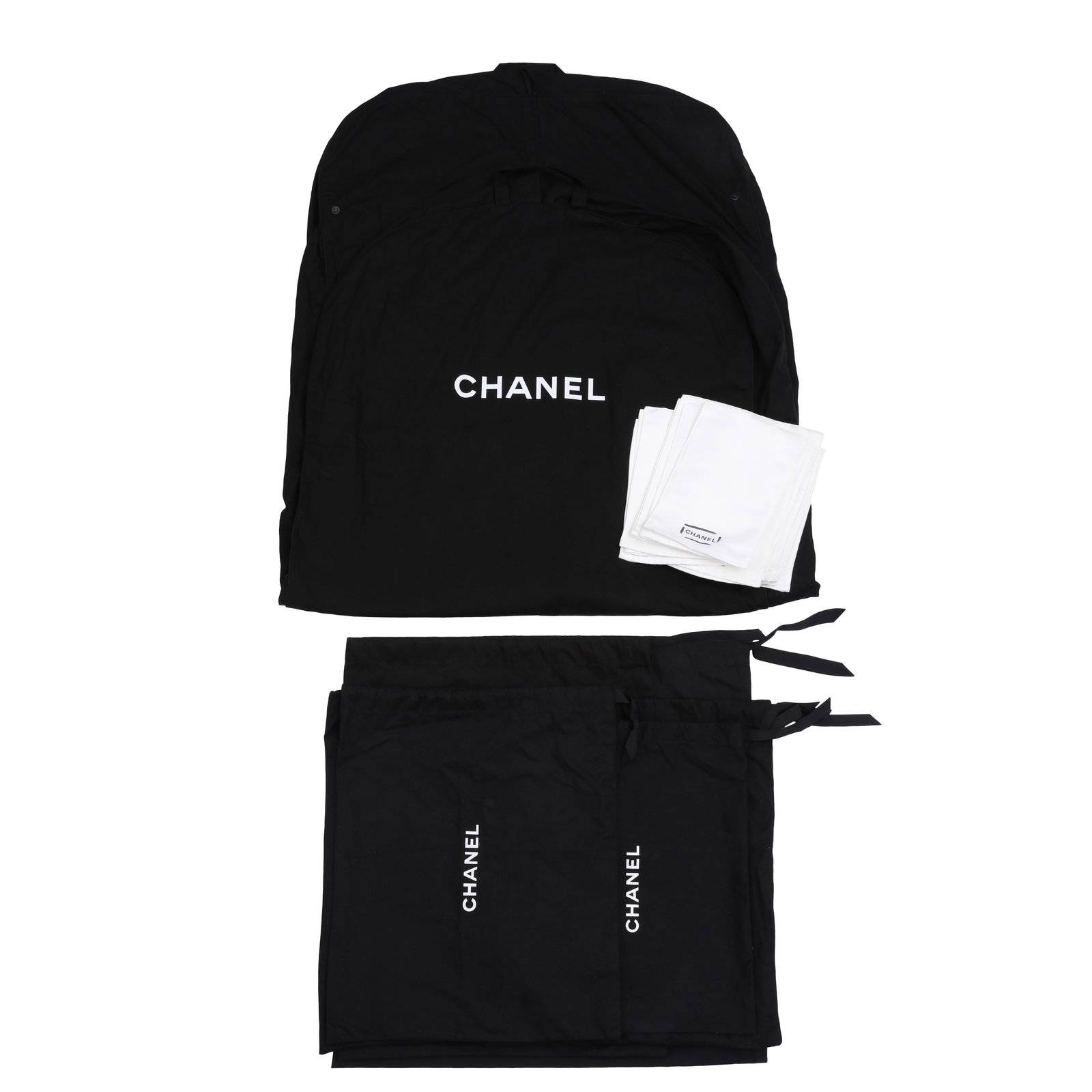 Chanel Black Garment Cover and Dustbags: Chanel Black Garment Cover and Dustbags branded cotton, 1 garment cover, drawstring dustbags, white microfibre handbag cleaning cloths (Qty) Grade B Please log in to Chiswick Live account to view