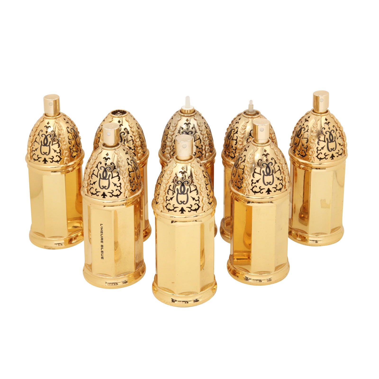 Guerlain 'Le Sucrier De Madame' Parfum Cases: Guerlain 'Le Sucrier De Madame' Parfum Cases designed by Robert Goossens, a refillable container for a 200ml spray, used for several Guerlain parfums, gold tone (Qty 8) 16cm high, 6cm