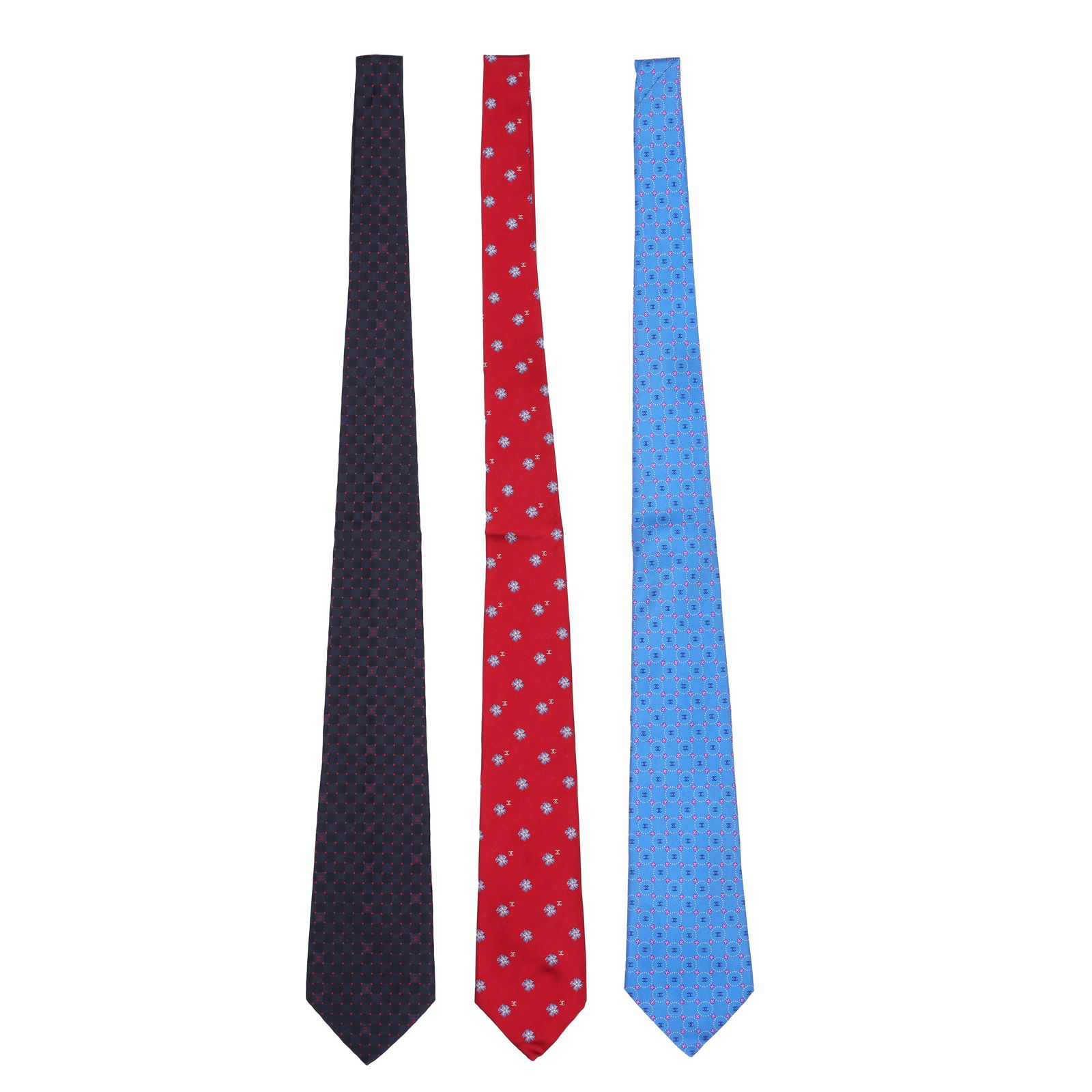 Chanel Silk Ties Set of Three: Chanel Silk Ties Set of Three CC designs, blue, deep red, and black (Qty 3) Includes boxes Grade A+ Please log in to Chiswick Live account to view condition report 