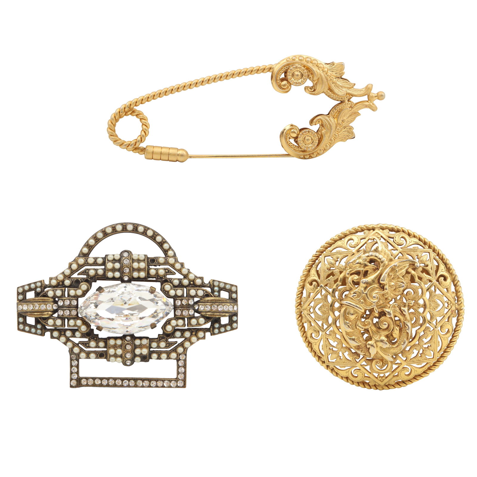 Gianfranco Ferre Statement Brooches: Gianfranco Ferre Statement Brooches ornate filigree oversized safety pin and circular design in gold tone and art deco crystal and imitation seed pearl design in pewter tone (Qty 3) 1990s Safety Pin