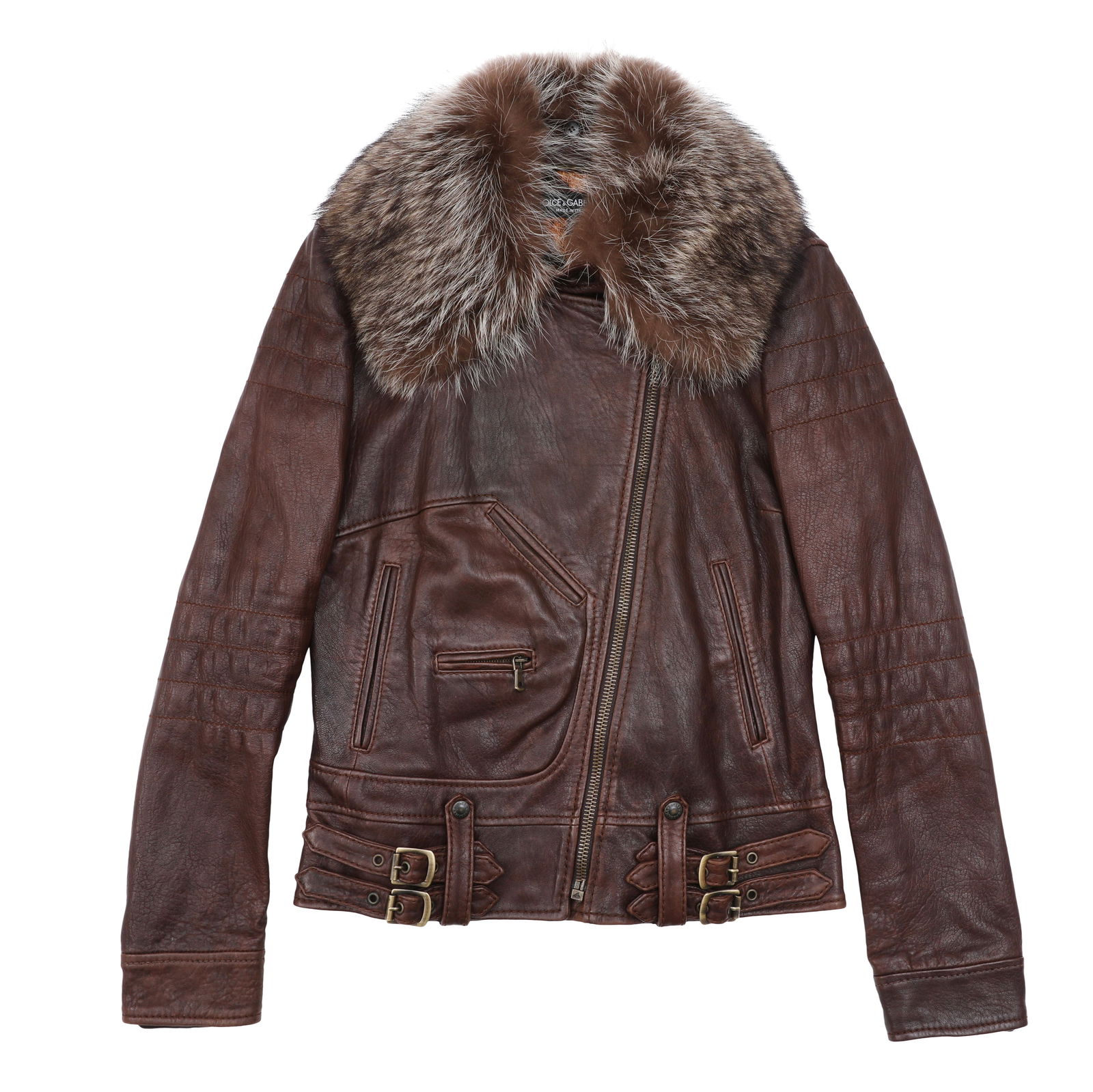 Dolce & Gabbana Brown Leather Fur Collar Jacket - Size S-M (1 of 3)