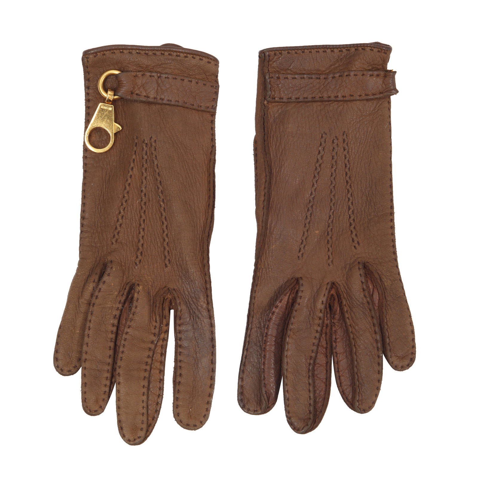 Hermes Brown Snap Hook Gloves - Size 6.5: Hermes Brown Snap Hook Gloves - Size 6.5 lamb leather, gold plated hardware, labelled size 6.5 Grade B- Please log in to Chiswick Live account to view condition report 