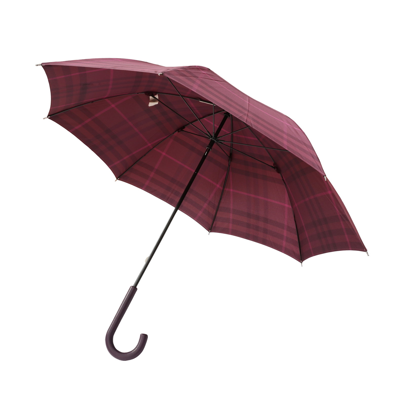 Burberry Purple Heritage Check Umbrella: Burberry Purple Heritage Check Umbrella water repellent polyester, leather handle, ruthenium tone hardware 86cm long Grade B+ Please log in to Chiswick Live account to view condition report 