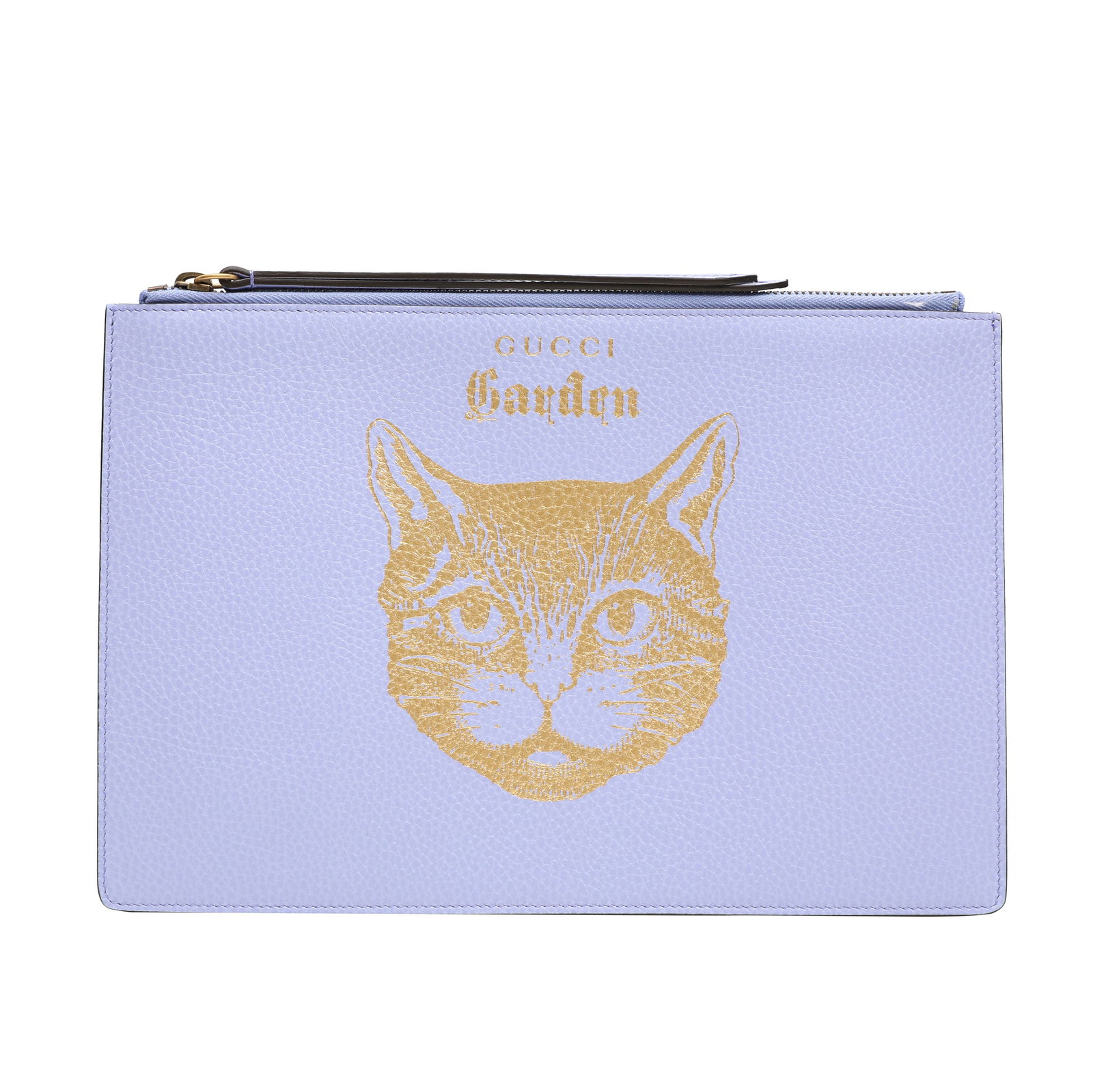 Gucci Lilac Cat Garden Flat Pouch: Gucci Lilac Cat Garden Flat Pouch grained leather, gold design, antique gold tone hardware 25cm wide, 20cm high Serial code (516928 0959) Includes dustbag and box Grade A+ Please log in to