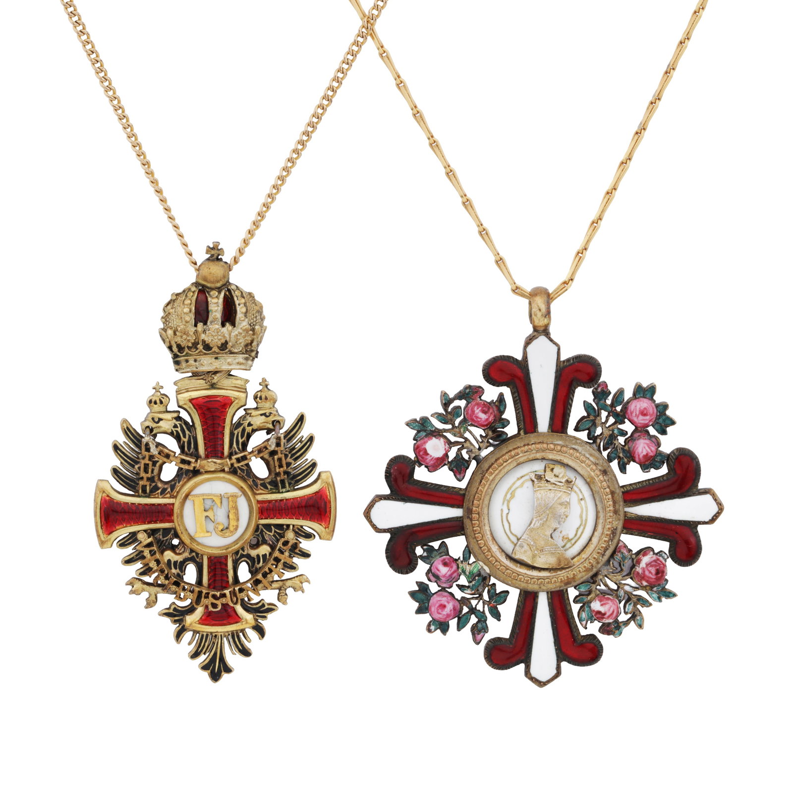 Two Austro-Hungarian silver gilt orders, including the Imperial Austrian Order of Elizabeth With ena: Two Austro-Hungarian silver gilt orders, including the Imperial Austrian Order of Elizabeth With enamelled decoration, on a yellow metal chain And an Imperial Order of Franz Josef Knights Cross,