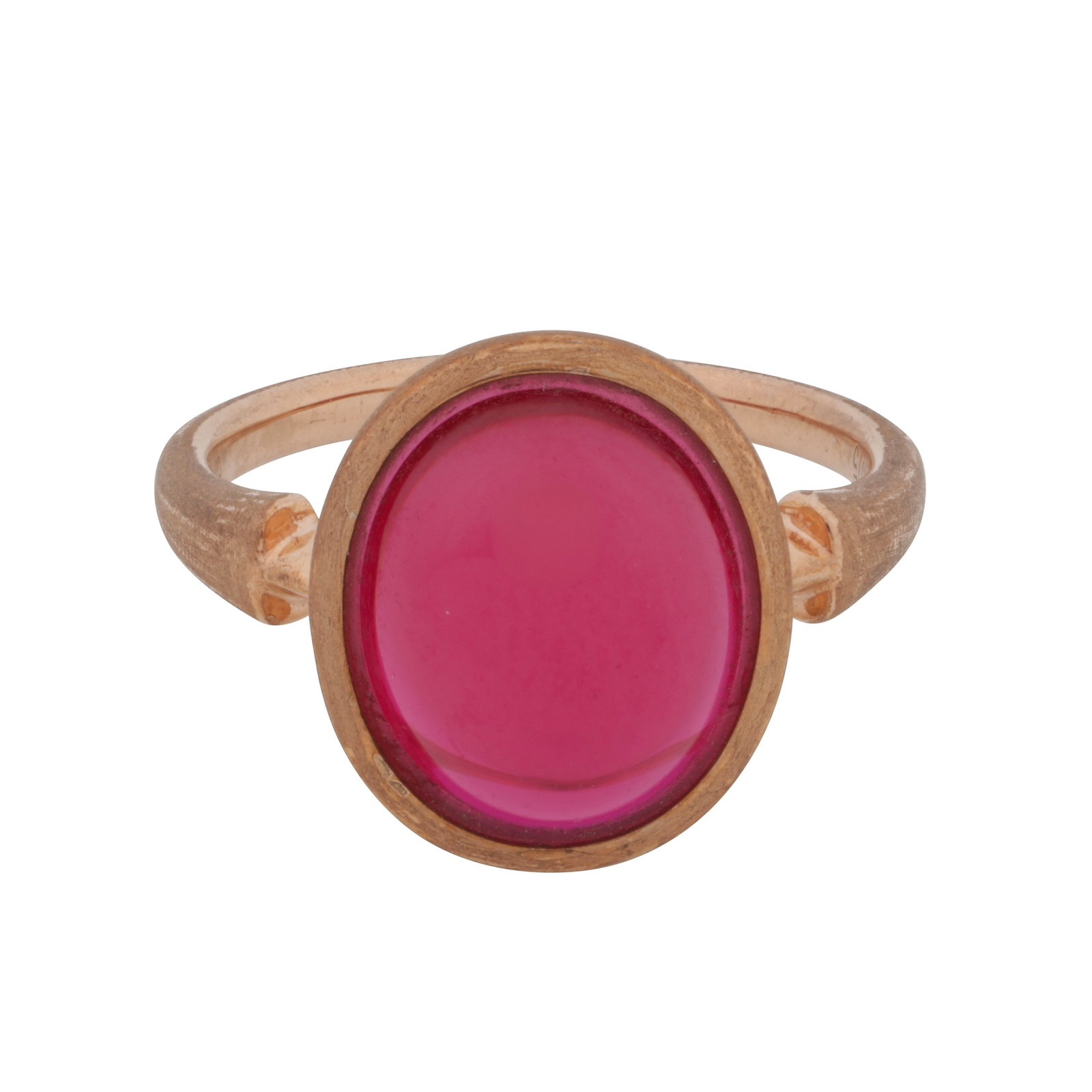 A synthetic ruby single stone ring Yellow metal: A synthetic ruby single stone ring Yellow metal Collet-set with an oval-cut synthetic ruby cabochon, to a tapered band, stamped 375, size L