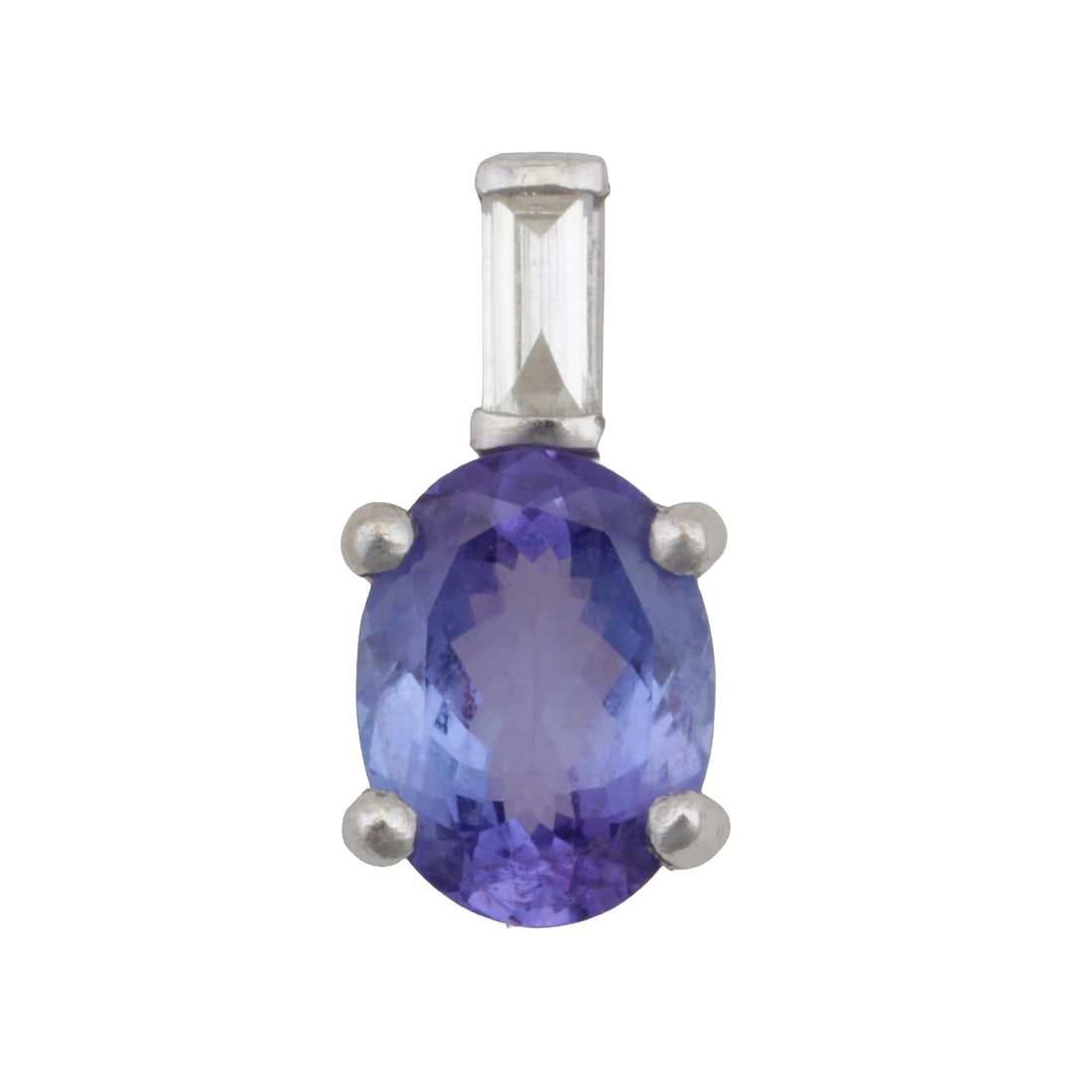 A tanzanite and diamond pendant 18ct white gold: A tanzanite and diamond pendant 18ct white gold The claw-set oval-cut tanzanite, to a surmount set with a baguette-cut diamond, maker's mark, UK hallmark, length 1.3cm