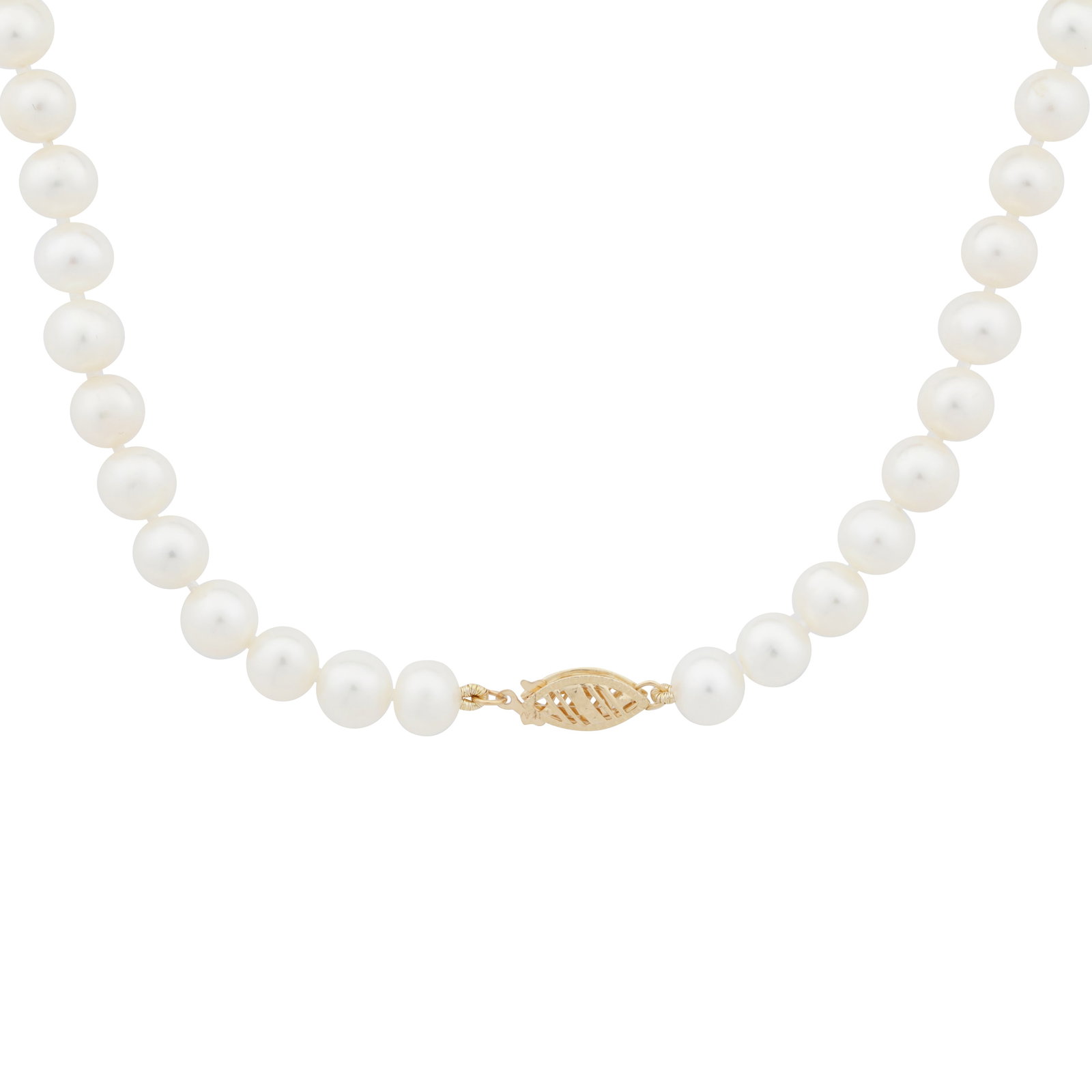 A single strand pearl necklace Yellow metal: A single strand pearl necklace Yellow metal Set with 7.0-7.1mm round and near-round cultured pearls of white tint, to a hookfish clasp, stamped 10K, length 41.0cm