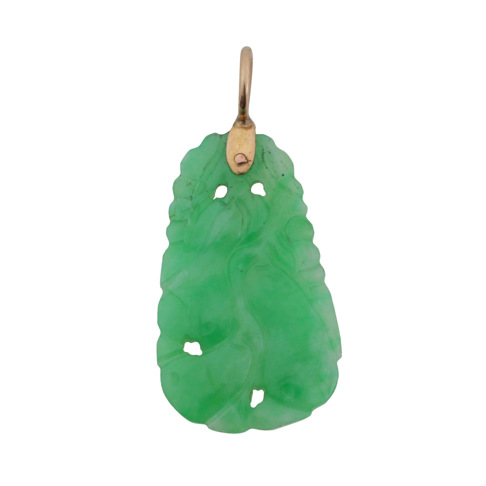 A carved jadeite pendant Yellow metal: A carved jadeite pendant Yellow metal Of drop design, unmarked and untested, length 2.6cm