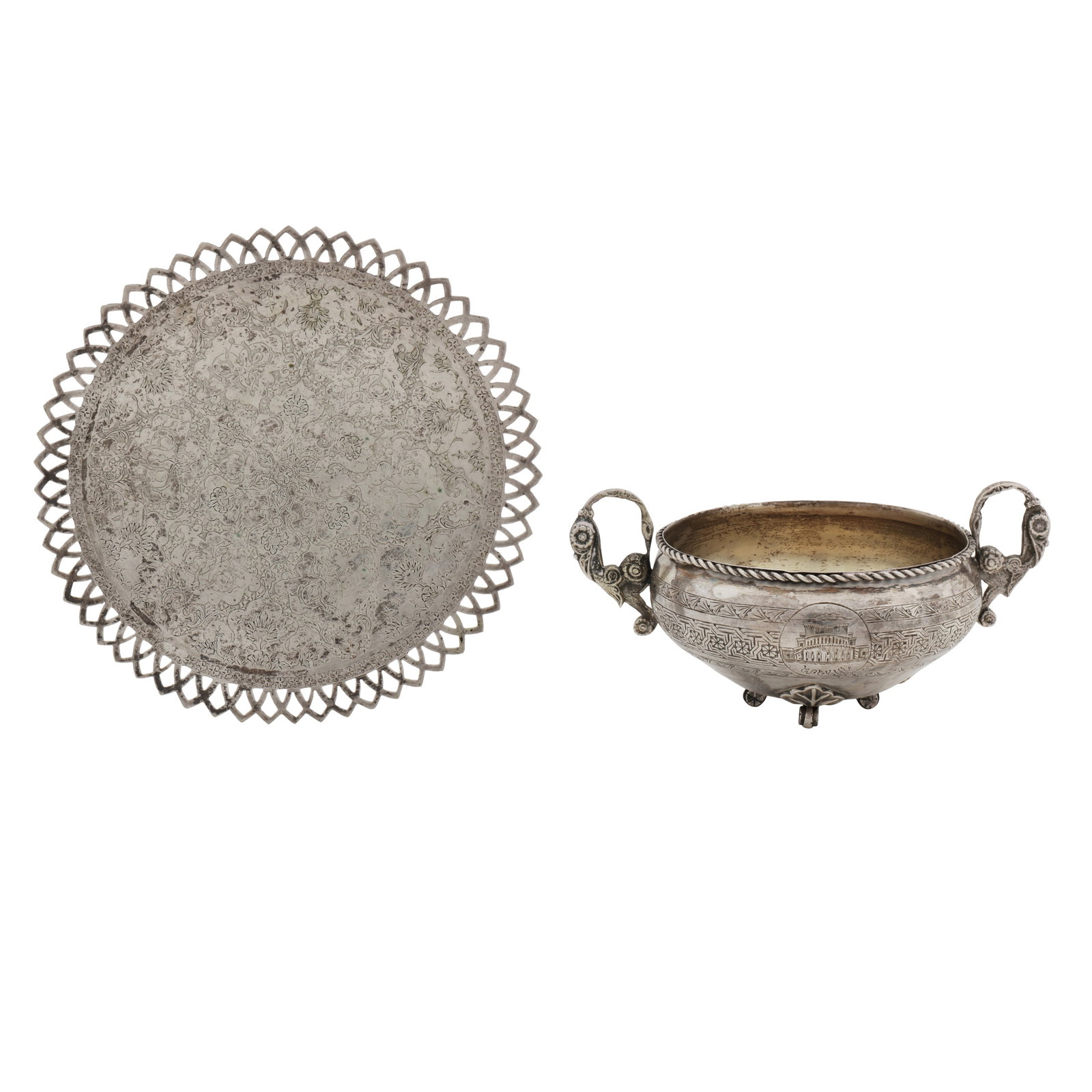 Tabriz circa 1960 A mid-20th century Persian (Iranian) silver twin handled sugar bowl: Tabriz circa 1960 A mid-20th century Persian (Iranian) silver twin handled sugar bowl Pahlavi period. Of compressed circular form upon four scroll feet. Engraved decoration of scene of Mount Ararat,