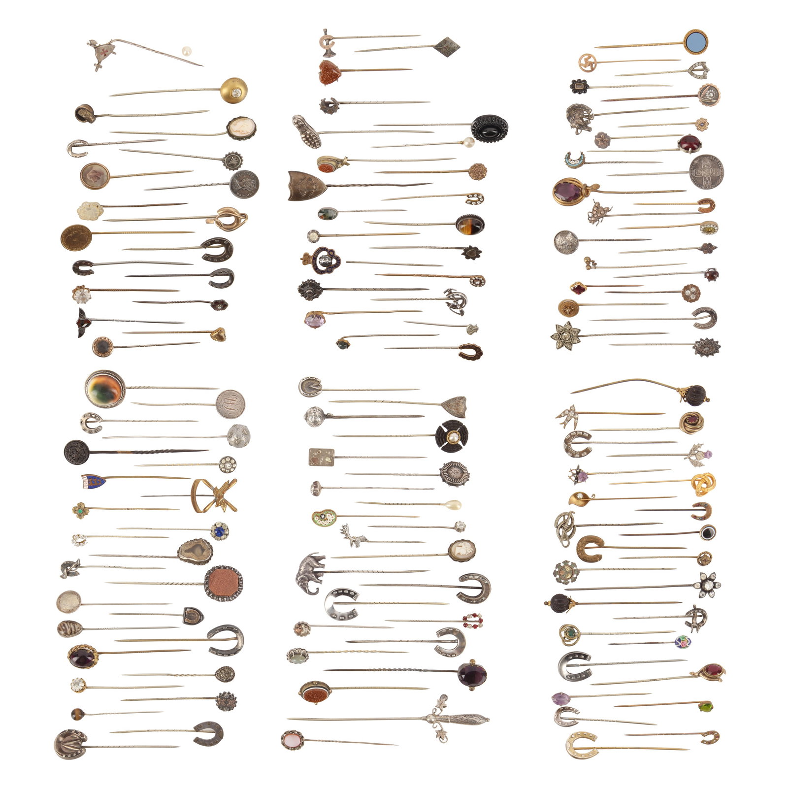 A large collection of stick pins including a possible Berlin ironwork stickpin Yellow and white meta: A large collection of stick pins including a possible Berlin ironwork stickpin Yellow and white metal Of various shapes and sizes, including animals, coins, horsehoes, and gemstones such as