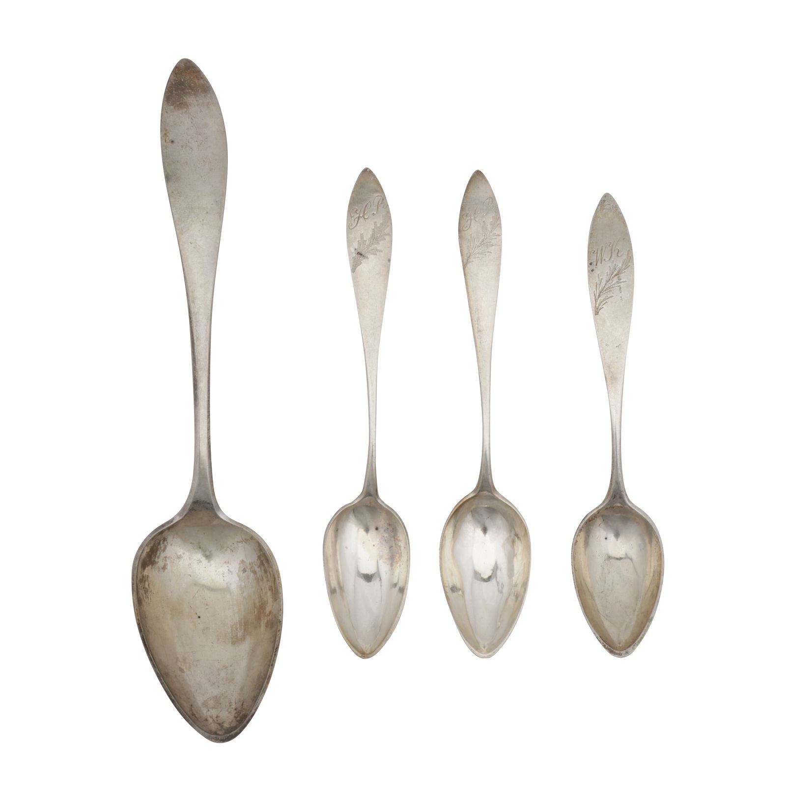 Four early to mid-19th century German silver spoons: Four early to mid-19th century German silver spoons A tablespoon and three teaspoons, the tablespoon marked 12 loth and town mark, maker WG. (4) Weight – 93 grams / 2.99 ozt