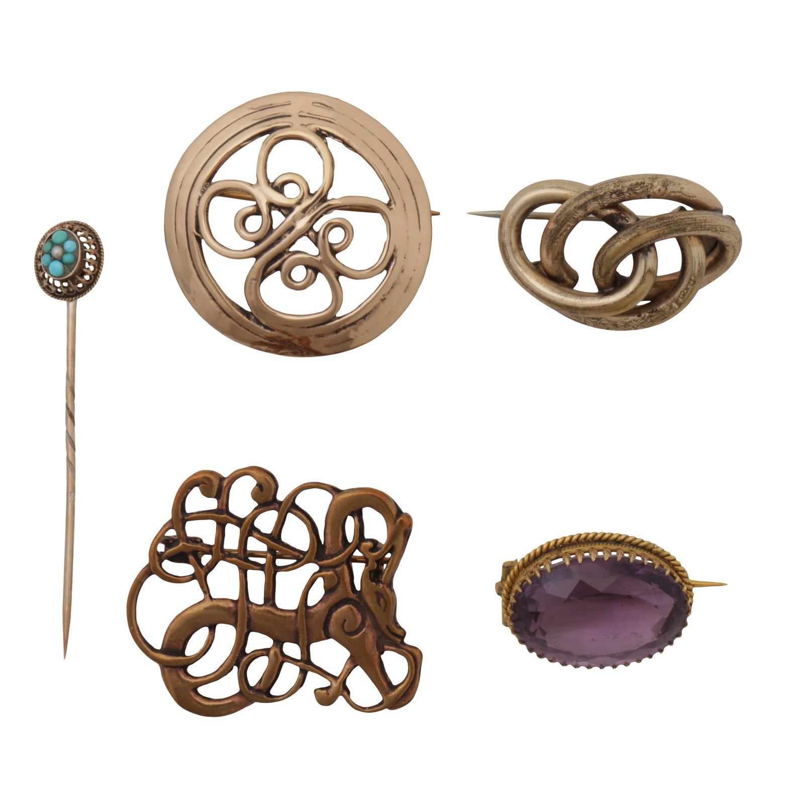Five brooches Yellow metal: Five brooches Yellow metal To include three brooches of openwork design, an amethyst oval brooch, and a turquoise pin of oval design, all unmarked, various sizes, together with a case (5) The items