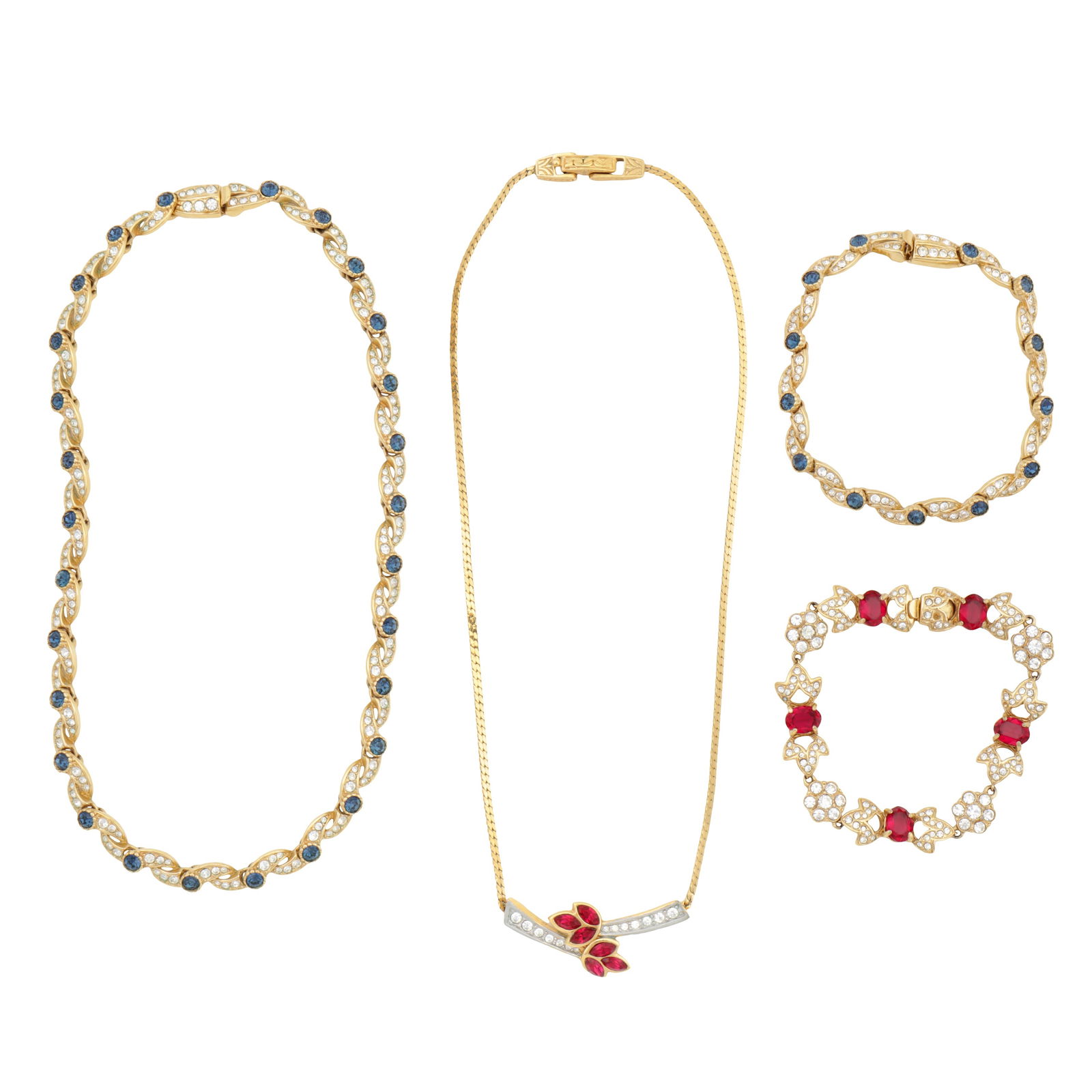 The Attwood collection | Four items of costume jewellery Yellow metal: The Attwood collection | Four items of costume jewellery Yellow metal To include a necklace and bracelet suite, of fancy-link design, set with circular-cut blue and white paste, to push clasps; a