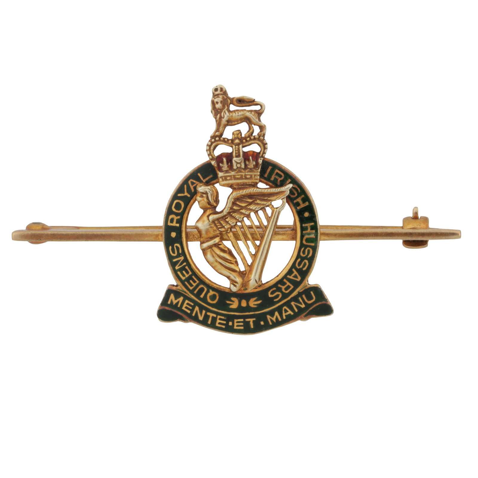 A Queens Royal Irish Hussars sweetheart brooch 9ct yellow gold: A Queens Royal Irish Hussars sweetheart brooch 9ct yellow gold Featuring the Angel Harp on the 8th Hussars, surmounted by a crown, with the regiment's motto 'Mente Et Manu' on a ribbon banner below,