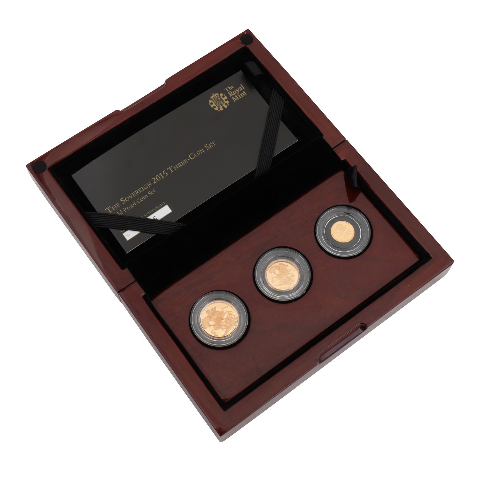 GB 22ct Gold Coin- Royal Mint 2015 Proof Three Coin Sovereign Set: GB 22ct Gold Coin- Royal Mint 2015 Proof Three Coin Sovereign Set Type: Royal Mint proof three coin Sovereign set with wooden box, outer box, certificate and booklet. Set comprises of: Full