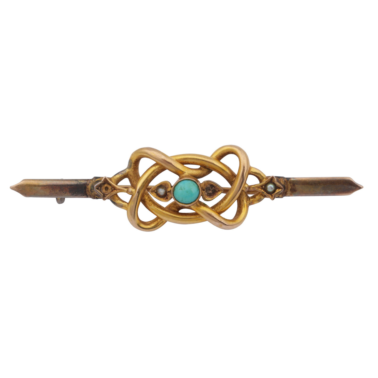 A turquoise and seed pearl brooch Yellow metal: A turquoise and seed pearl brooch Yellow metal Of knot design, set with a central circular-cut turquoise cabochon, accented by seed pearls, mounted in yellow metal, unmarked, two seed pearls missing,
