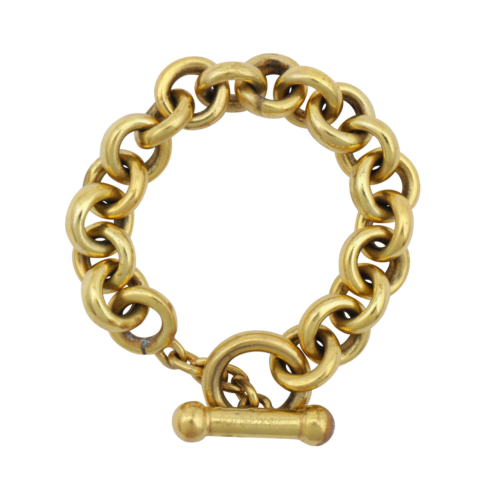 Vaubel Designs | A chain bracelet Yellow metal: Vaubel Designs | A chain bracelet Yellow metal Of large rolo-link design, to a toggle clasp, signed, unmarked, length 22.2cm The item has been XRF tested and found to be 7% silver, 62% copper, 30% zi