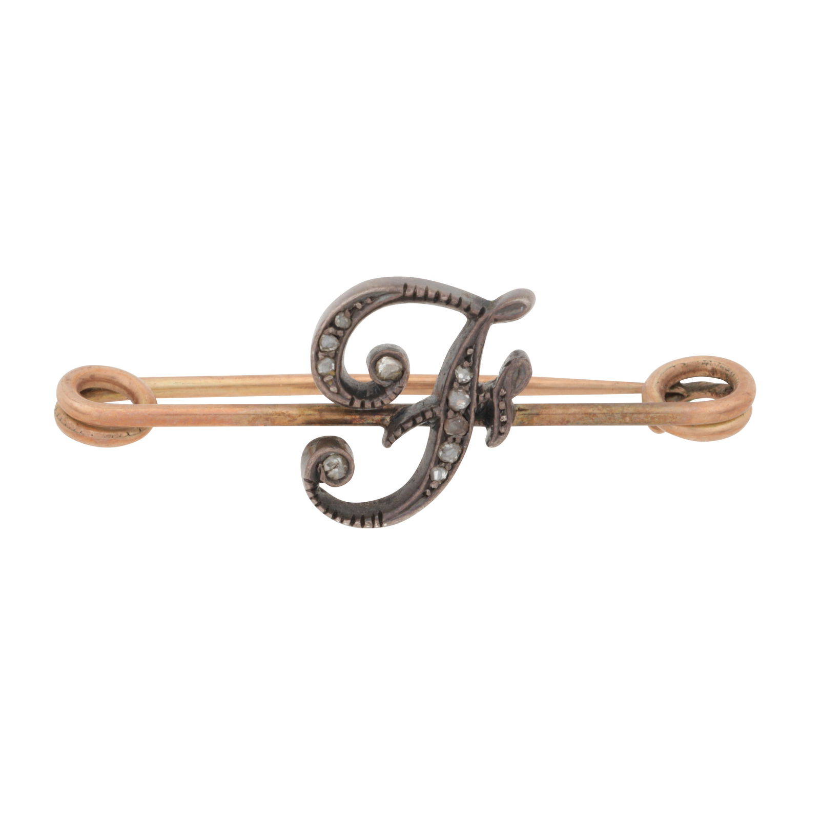 A diamond letter F brooch Yellow and white metal: A diamond letter F brooch Yellow and white metal The letter F set with rose-cut diamonds, accented by milgrain detailings, to a pin brooch, unmarked and untested, length 3.8cm