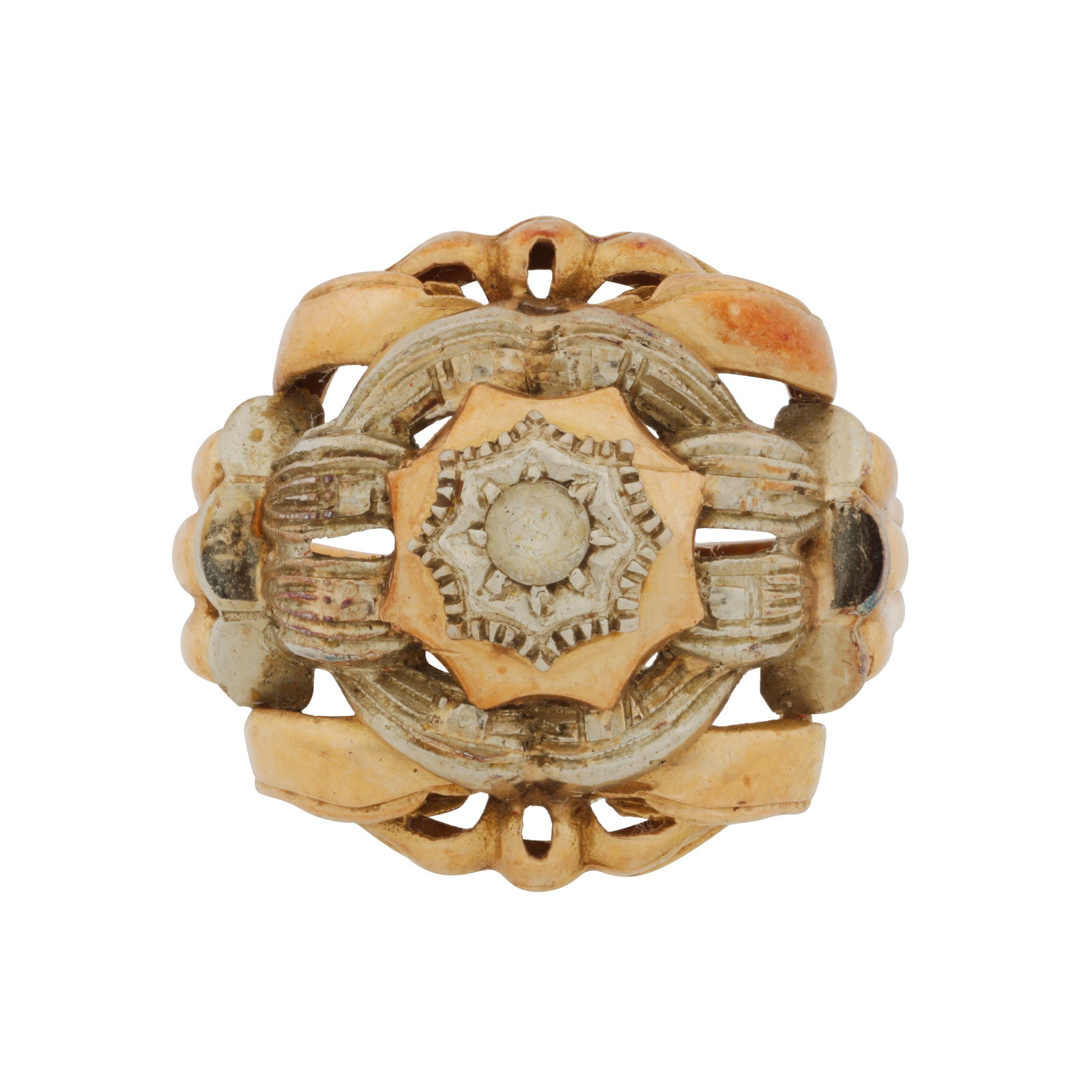 A single stone paste ring Yellow and white metal: A single stone paste ring Yellow and white metal Of bombé design, set with a circular-cut white paste stone atop, to a bi-colour mount, stamped 750, ring size P